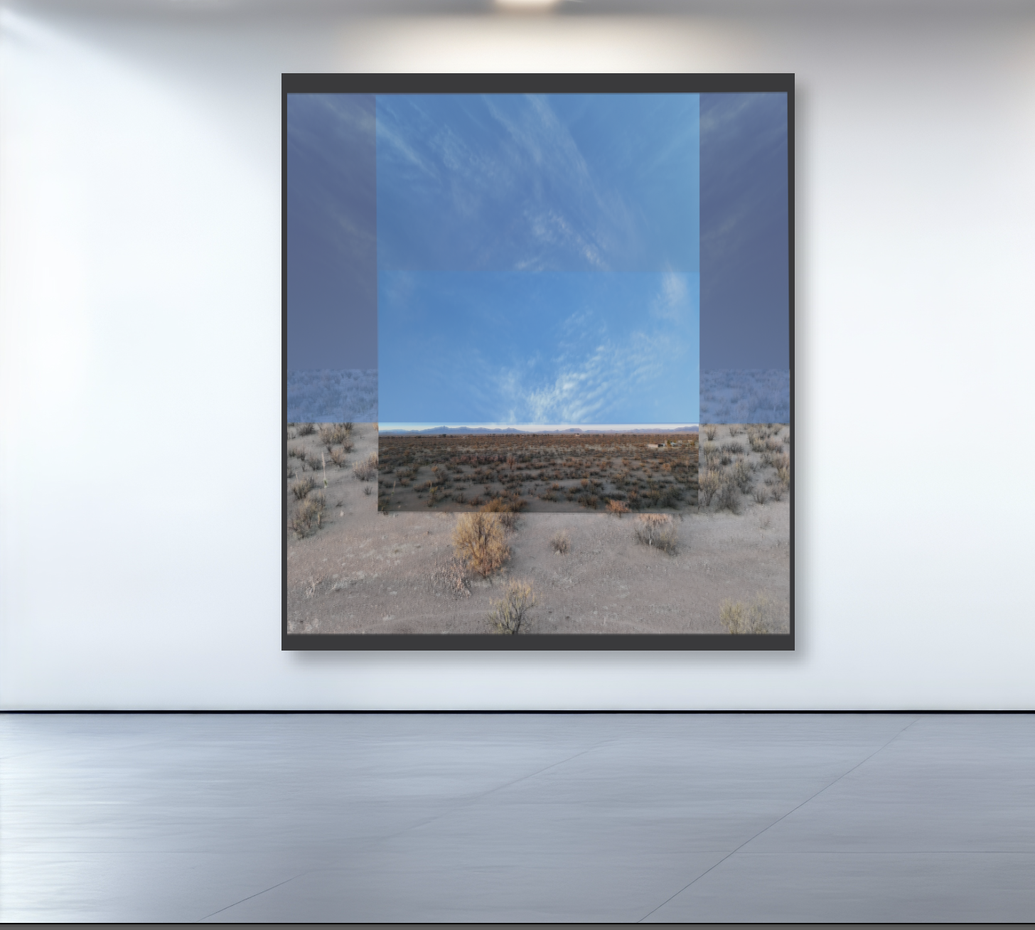An art installation in a gallery showing a landscape photograph with an overlay of a semi-transparent rectangle, creating a layered visual effect.