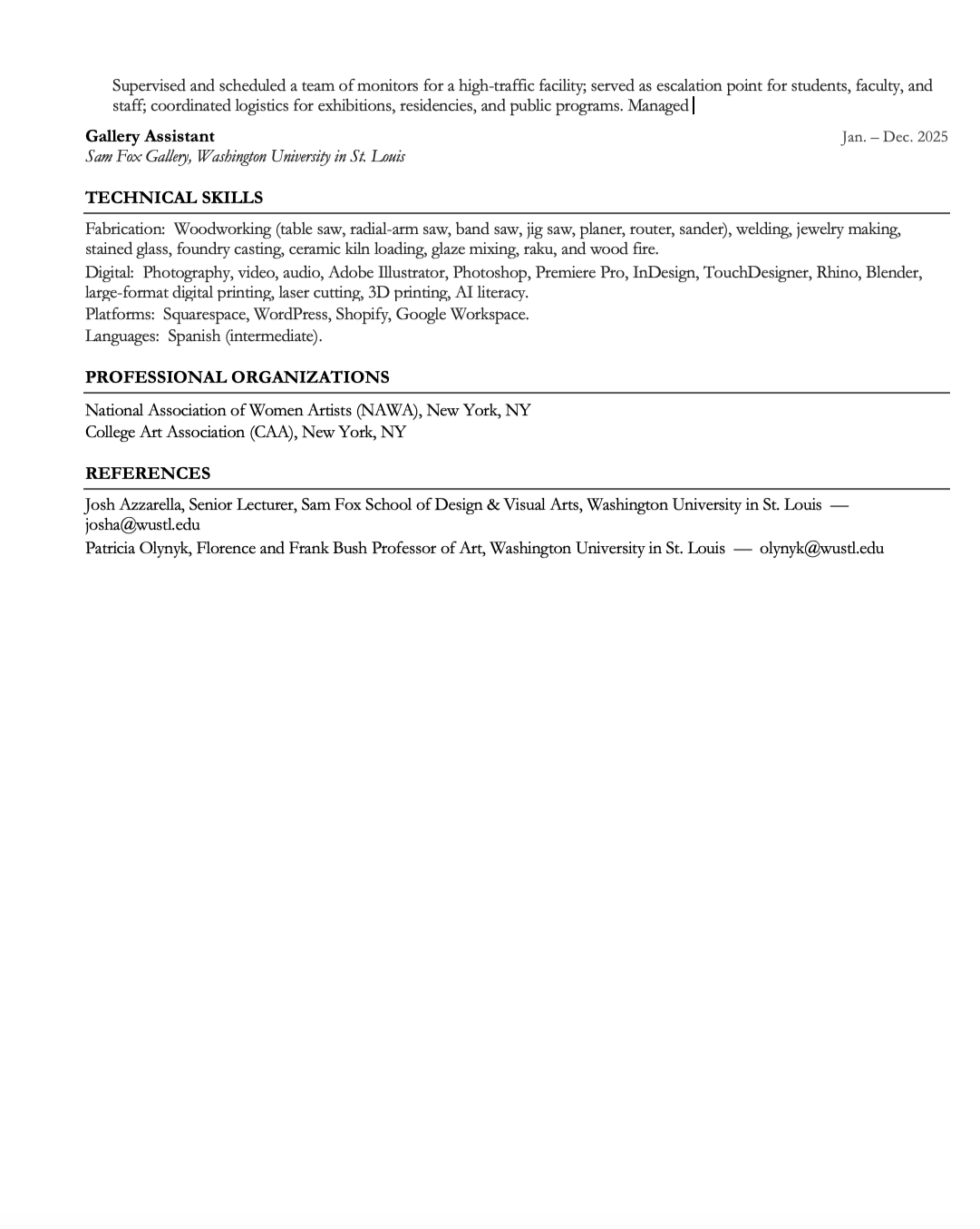 A resume or CV document highlighting skills, professional organizations, and references, with the name Sam Fox Gallery, Washington University in St. Louis, mentioned.