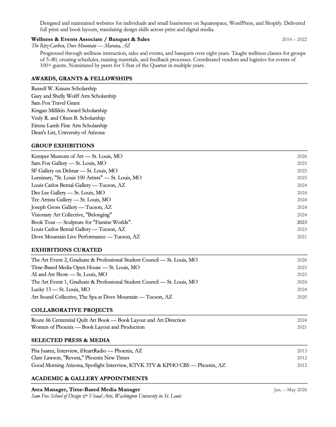 A resume or CV document listing professional experience, awards, exhibitions, curated projects, media, and academic appointments related to art, design, and media.