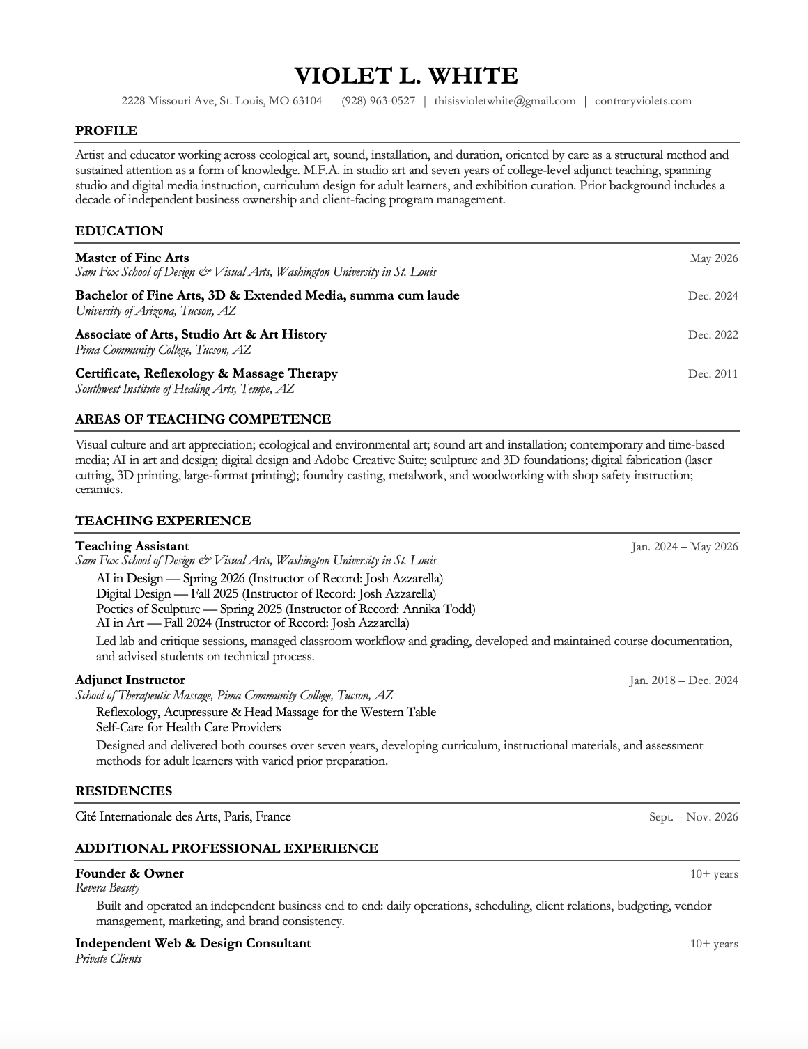 Resume document for Violet L. White with contact info, profile, education, teaching, residencies, and professional experience.