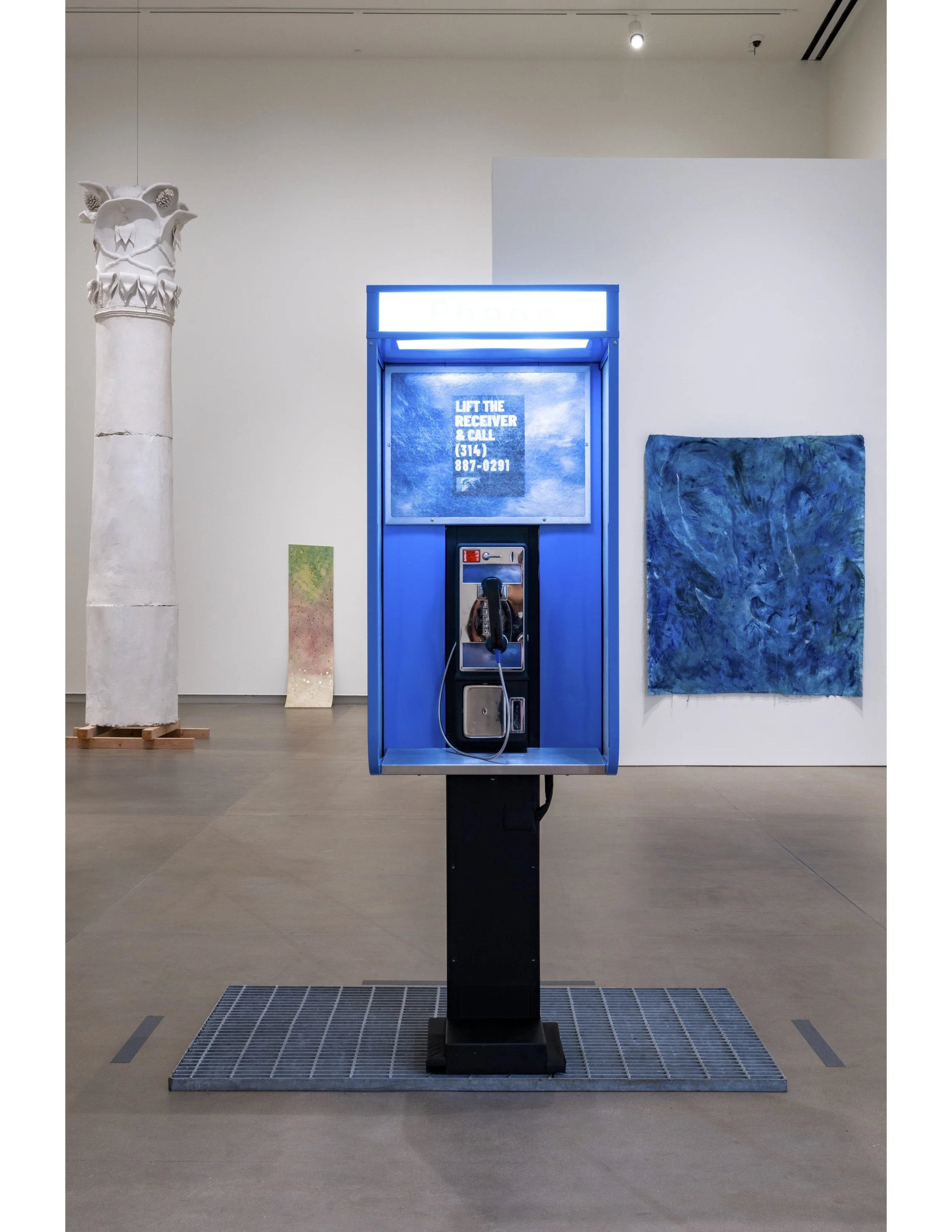 When you dont Remember You Miss Me | 2026 · Salvaged payphone, reclaimed metal grate, printed cloud, live telephone archive · Kemper Museum of Contemporary Art, St. Louis · 