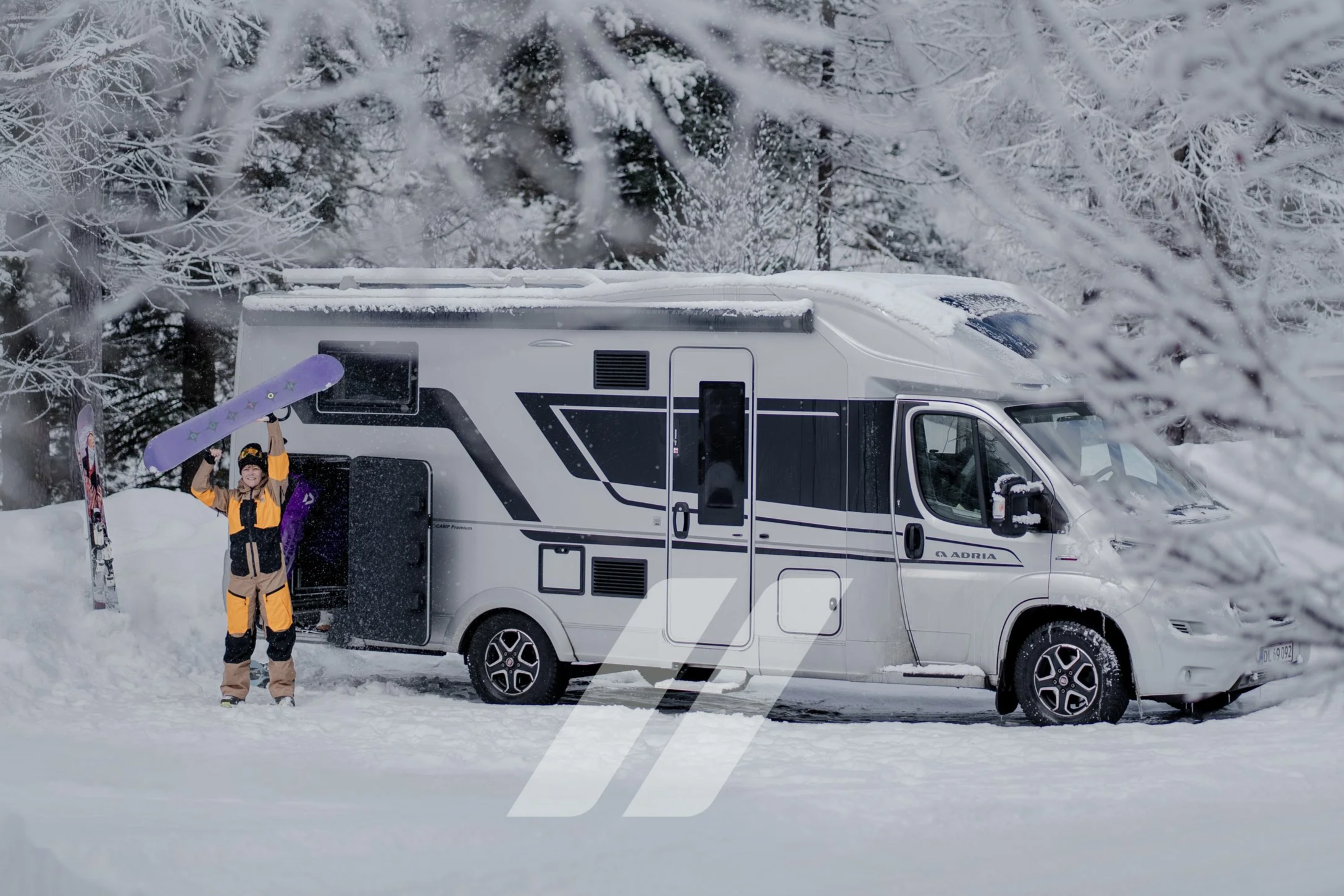 Winter camping in the Swiss Alps. Adria Coral Supreme