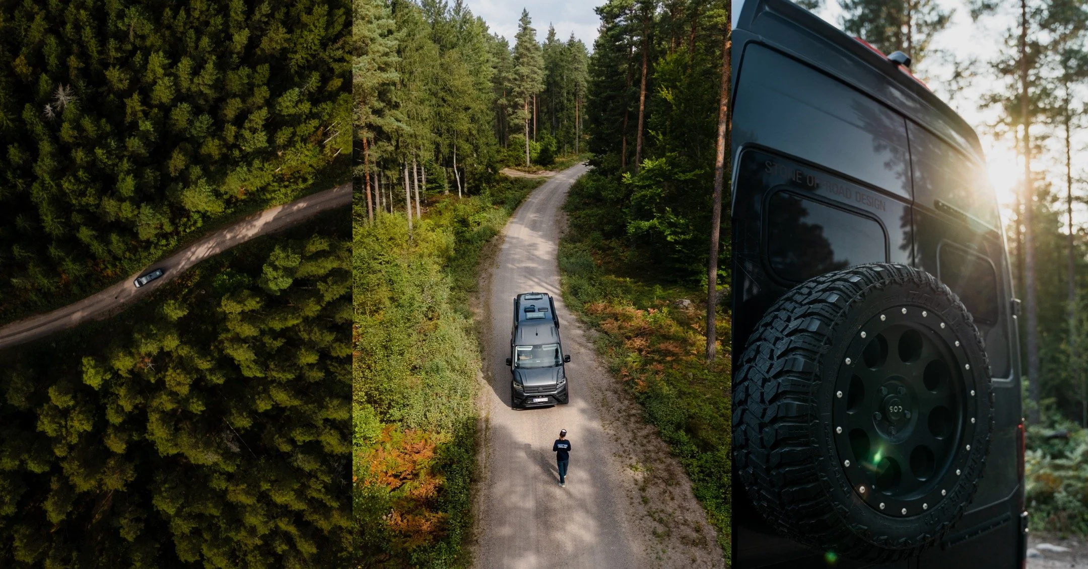 A collage featuring aerial view of a forest road with a vehicle, a ground-level shot of two vehicles on a dirt road in a forest, and a close-up of a black off-road vehicle with large tires in a wooded area.