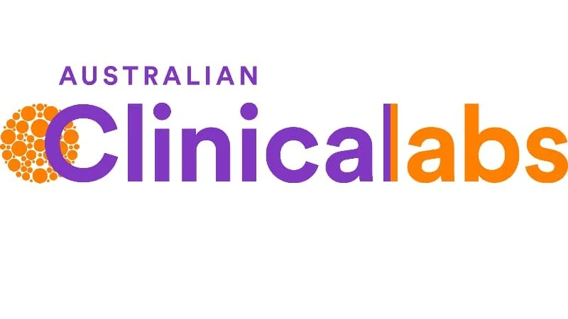 Logo of Australian Clinical Labs with purple and orange text and a design of orange circles.