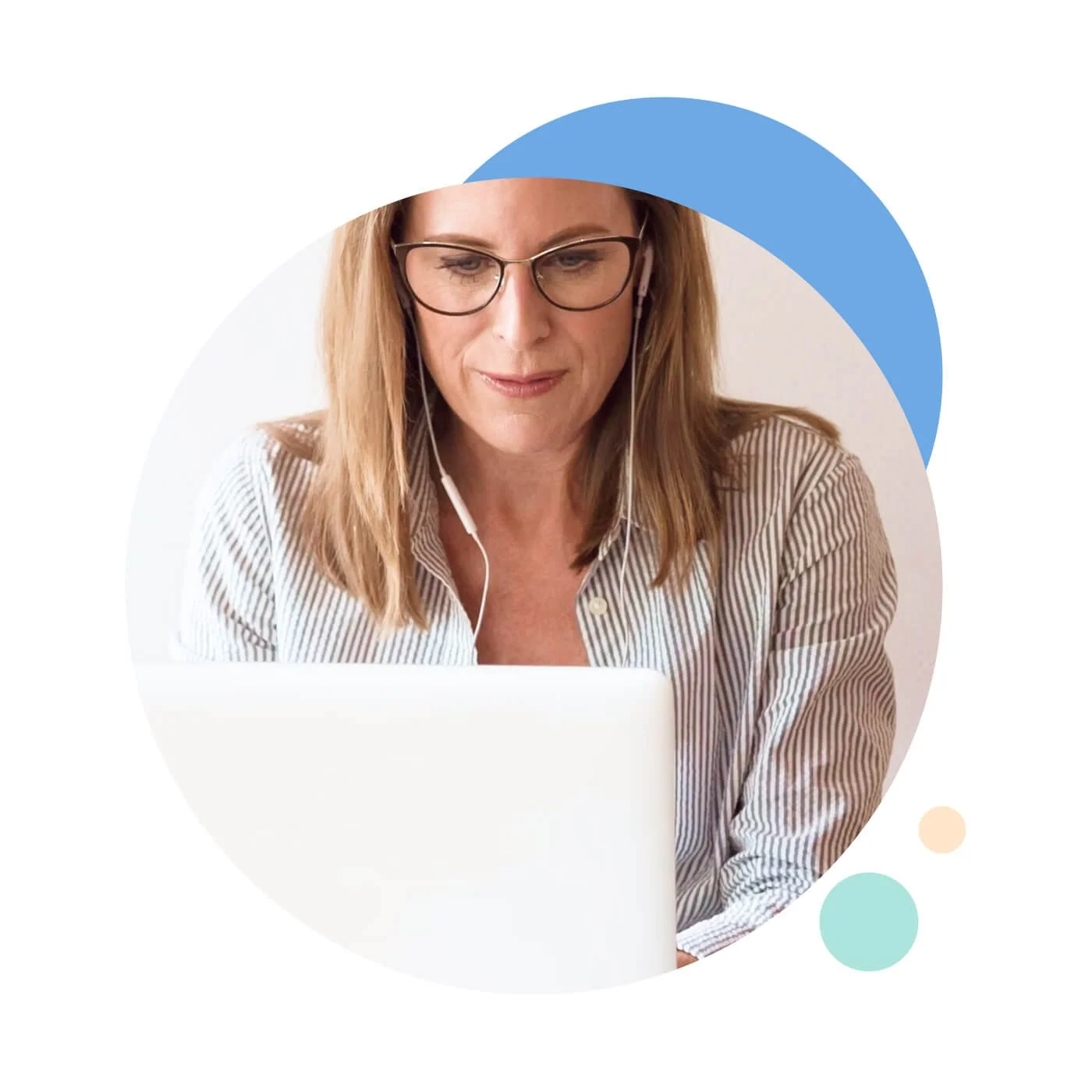 Woman with glasses and earphones working on a laptop