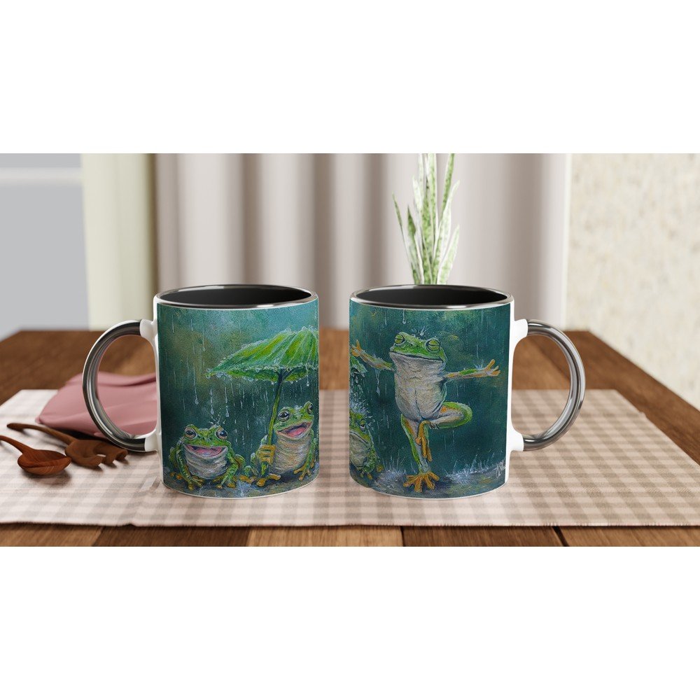 "Mandatory Fun" Frog Rain  11oz Mug Color Inside Ceramic Black - Hand painted
