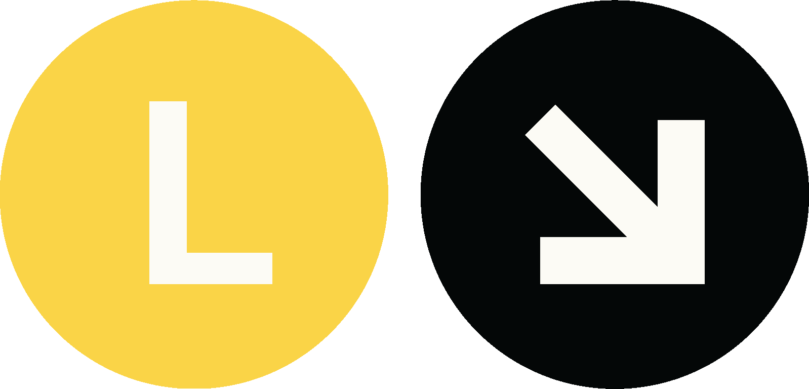 Two circle icons side by side, left yellow with a white 'L', right black with a white downward arrow.