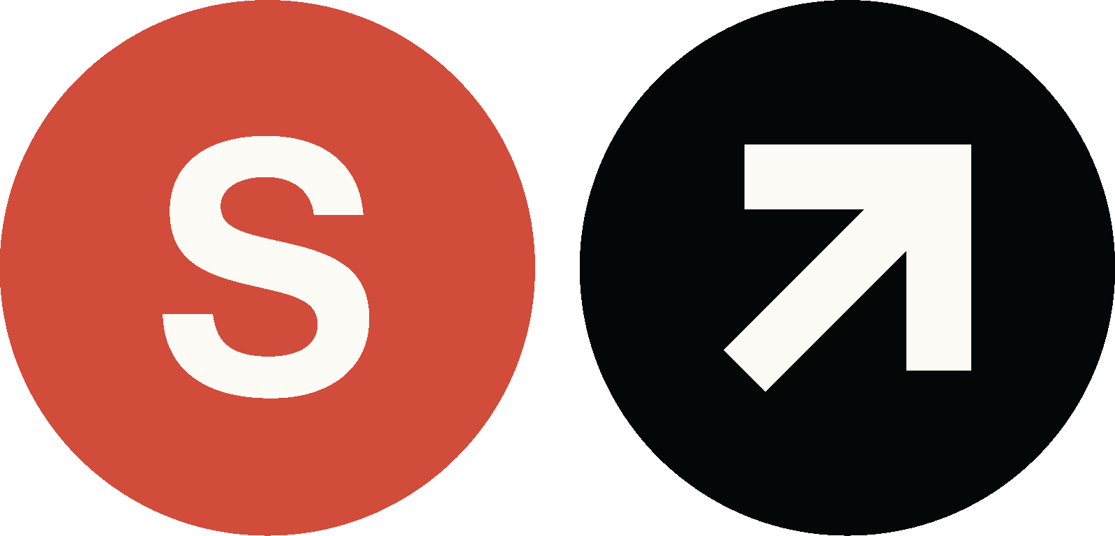 Two icons, one red circle with a white letter 'S' and one black circle with a white upward arrow and diagonal line.