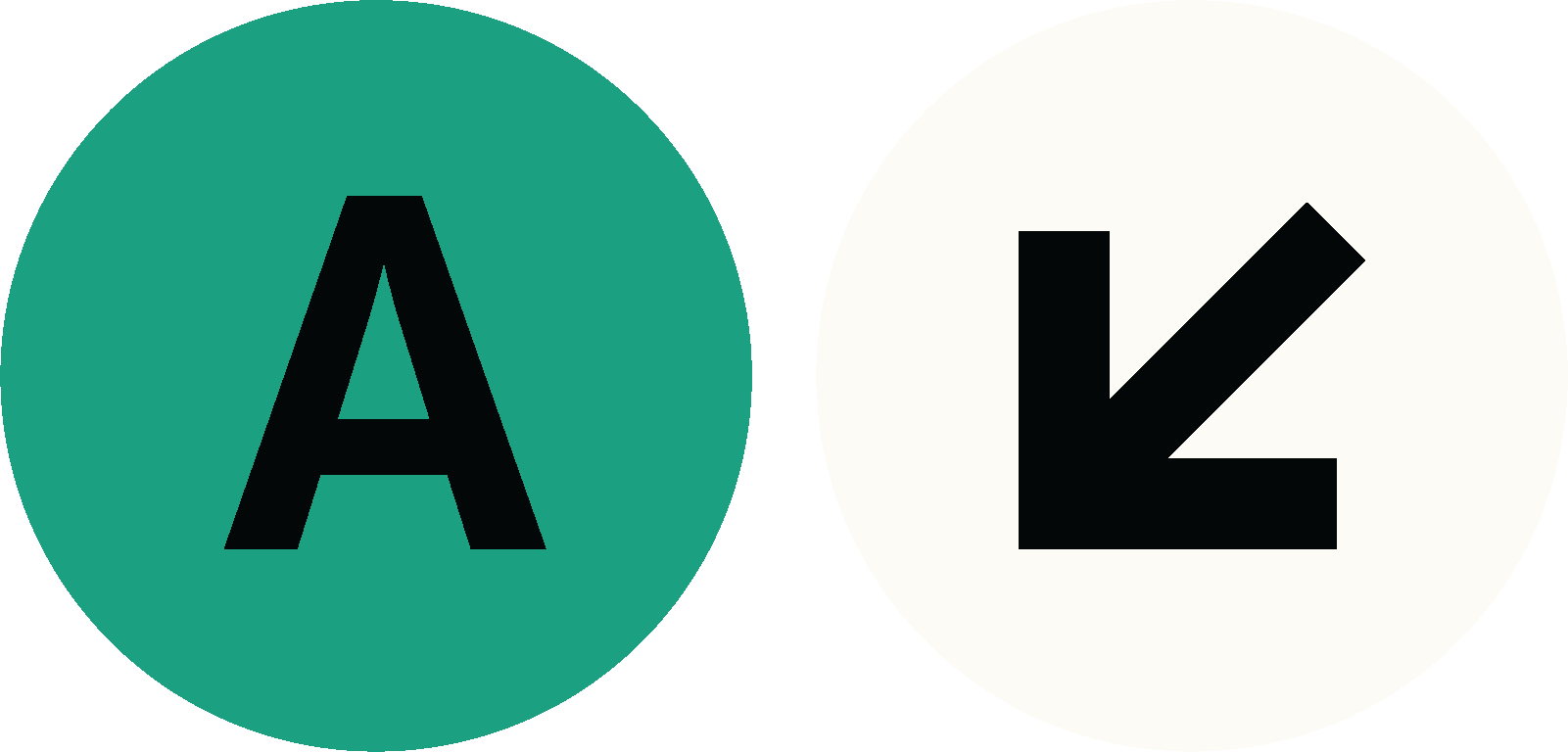 Black capital letter A inside a teal circle and a black capital letter K inside a white circle.