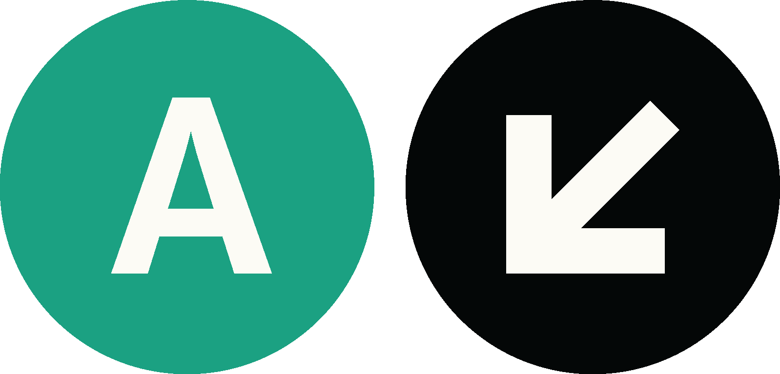 Green circle with white letter A, black circle with white arrow pointing down and to the left.