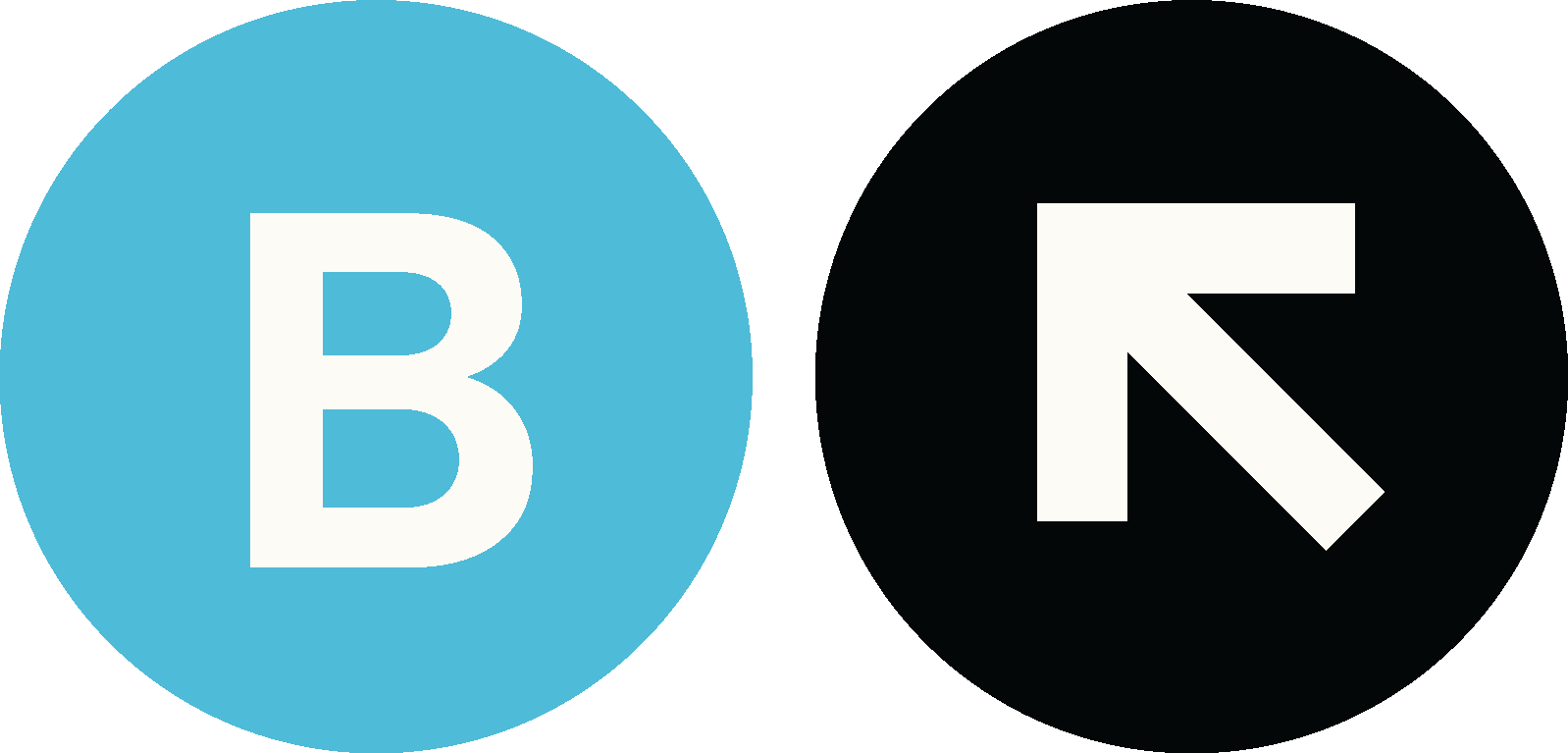 Two social media icons: a blue circle with a white letter B, and a black circle with a white arrow pointing right