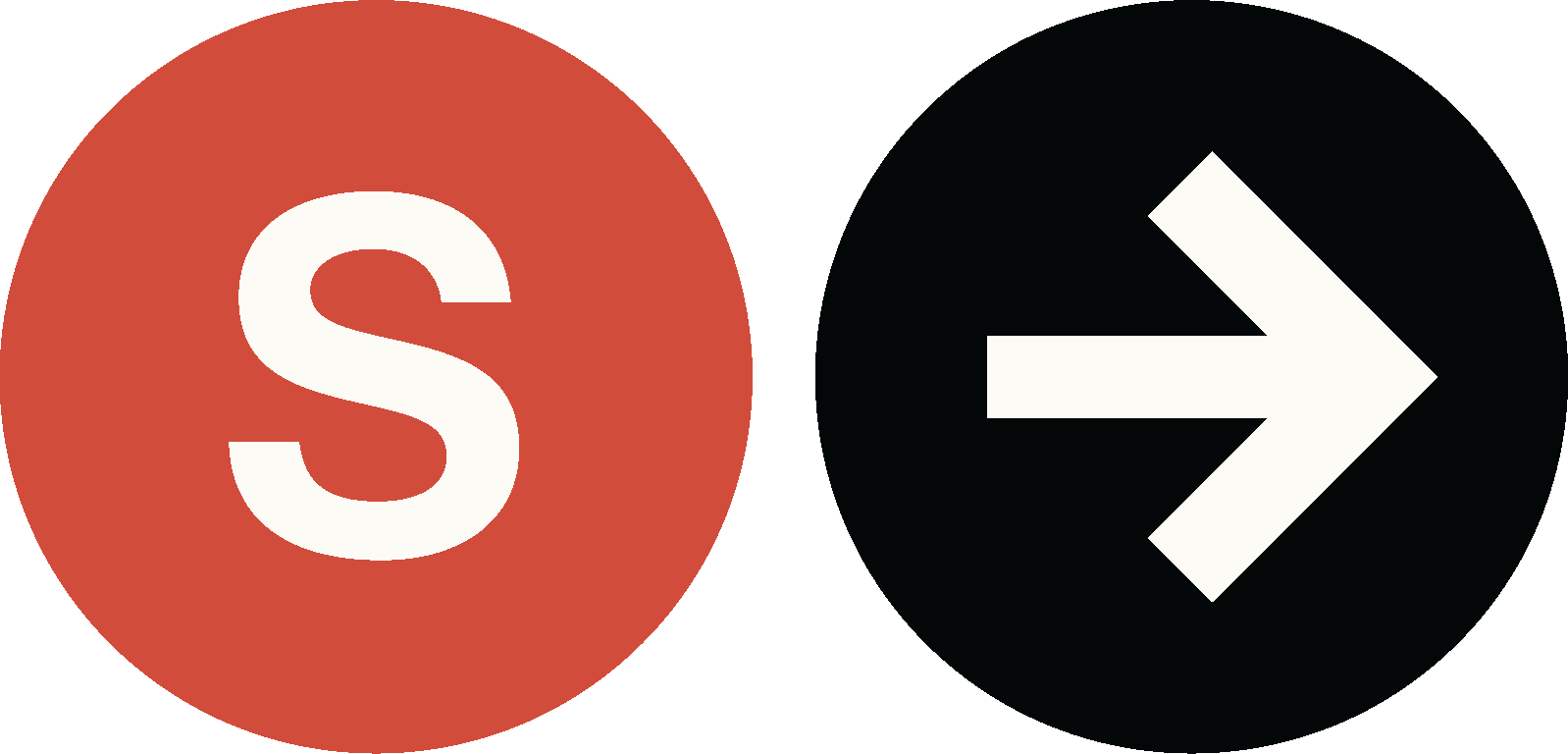 A graphic with a red circle containing a white letter 'S' and a black circle with a white arrow pointing left.
