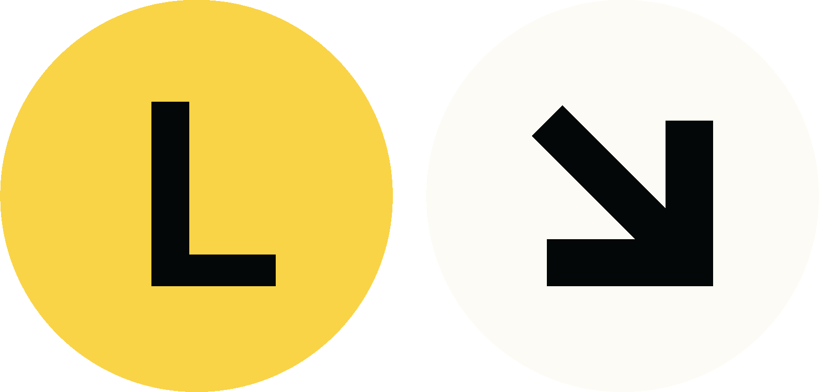 Two circles, one yellow with a black letter L, and one white with a black letter V, side by side.