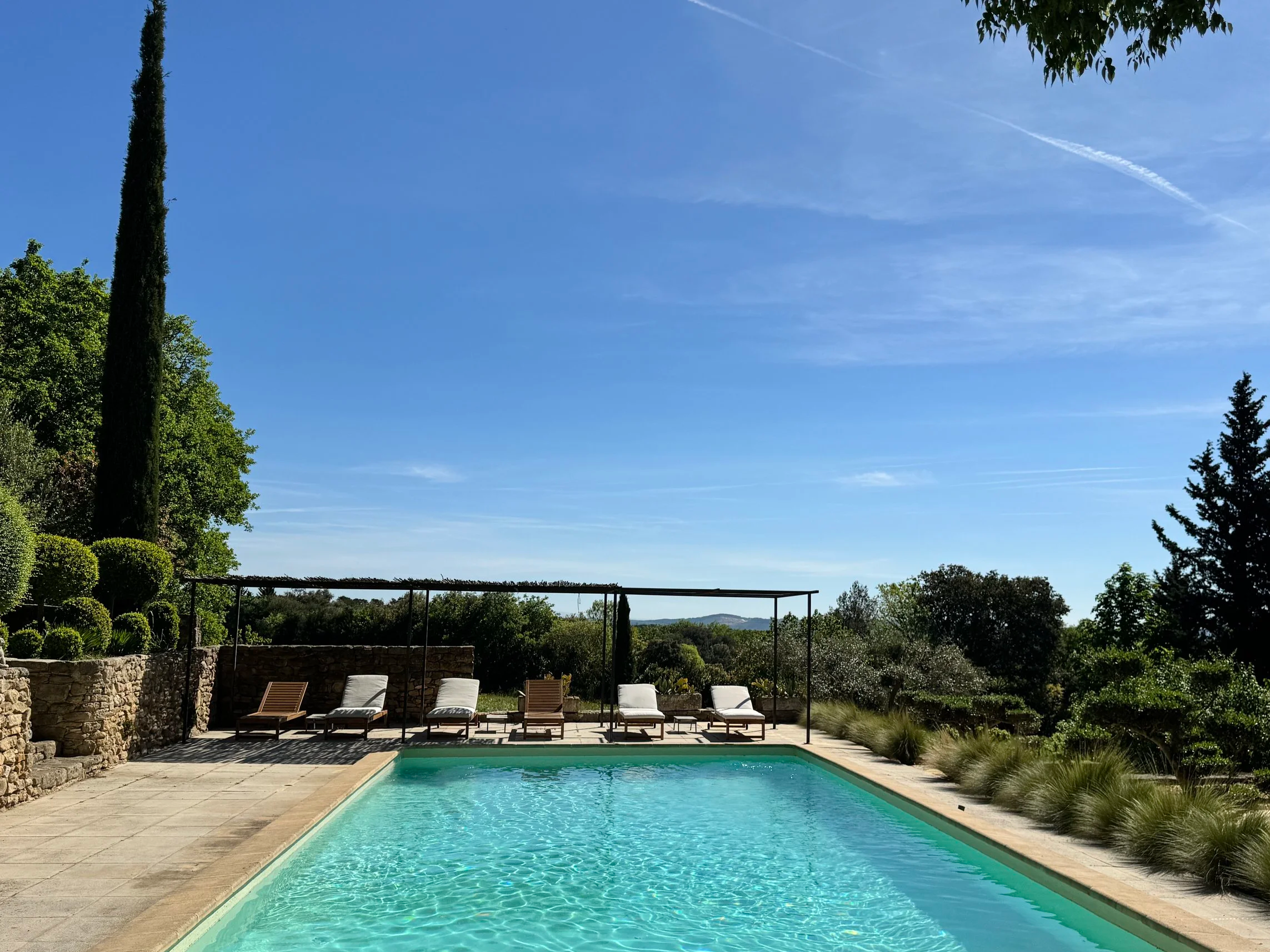 Piscine extérieure dans un espace de détente avec chaises longues, entourée de végétation luxuriante et un ciel clair avec quelques nuages.