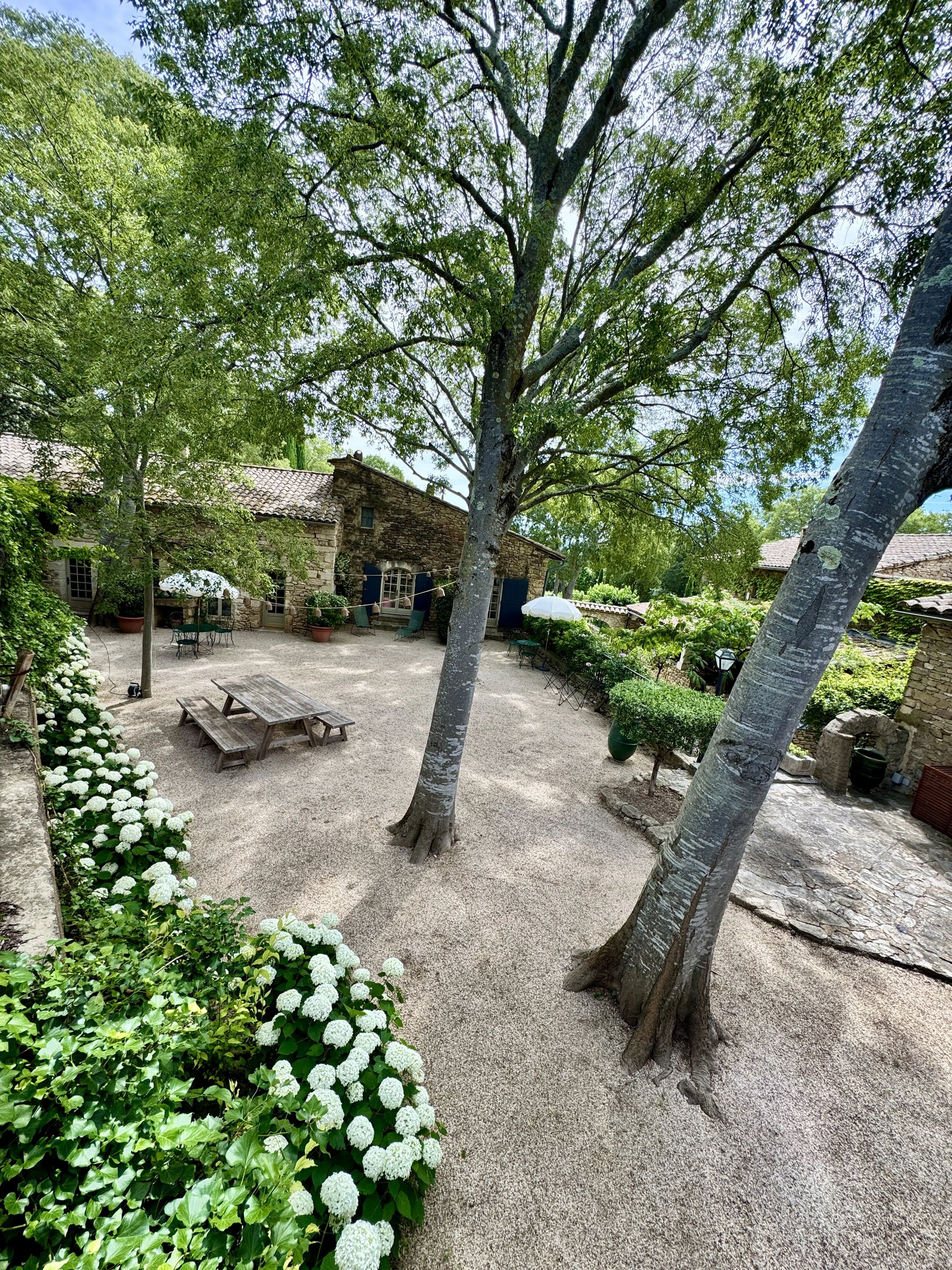 Une cour intérieure bordée de végétation, avec des arbres, des tables et chaises, et une maison en pierre avec un toit en tuiles.