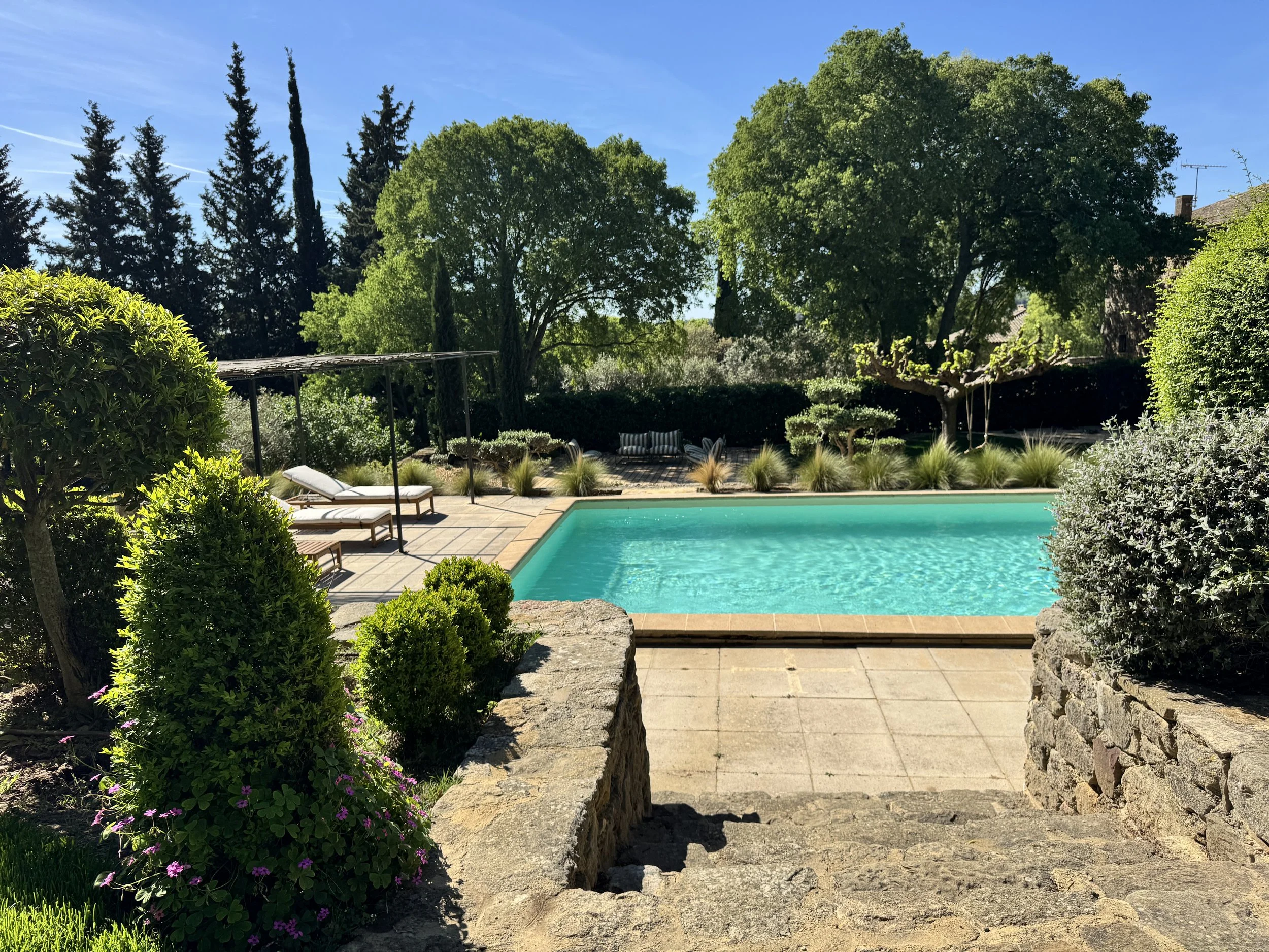 Une piscine dans un jardin entouré d'arbres et de plantes, avec des chaises longues et une pergola, sous un ciel bleu ensoleillé.