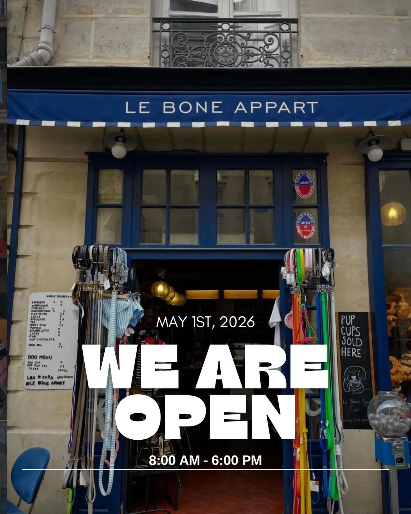 We&rsquo;re open on May 1st ! 
 Napol&eacute;on is on duty, ready to welcome you with delicious coffee and sweet treats for you and your dog.

Come say hi, we&rsquo;d love to see you 🐾

📍9 Rue de Birague, 75004 #leboneappart #dogcafe #doglovers #pa