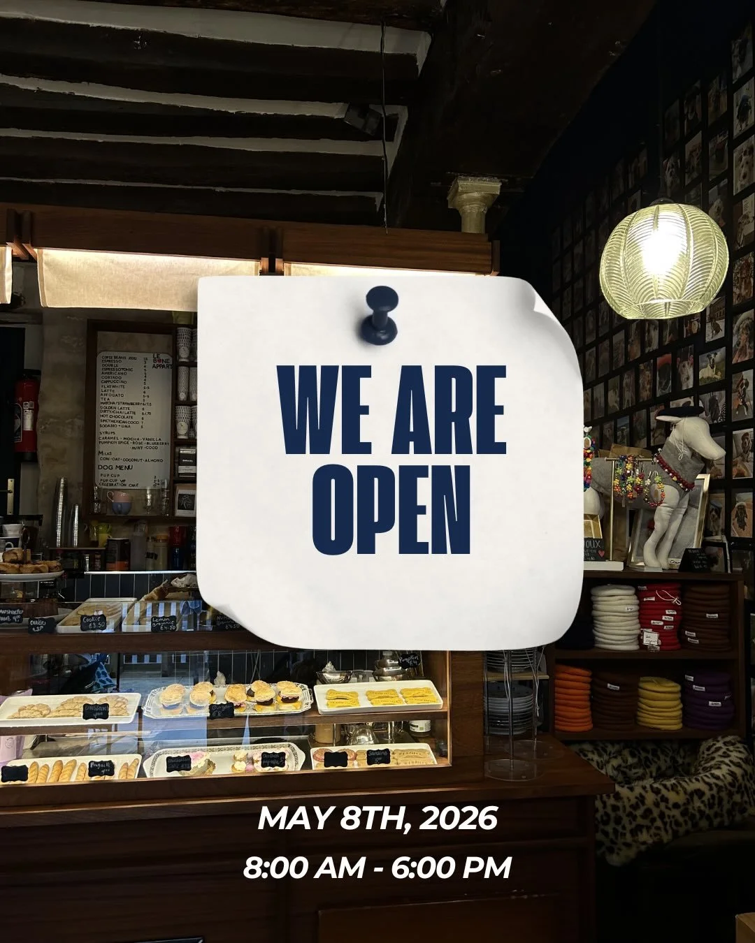 The answer is YES ! 
 We&rsquo;re open on May 8th 🐾☕

Come by Le Bone Appart for your coffee fix and some tail wags along the way !
 We&rsquo;ll be here, ready to welcome you and your pups all day!
#leboneappart #doglovers #dogcafe #paris