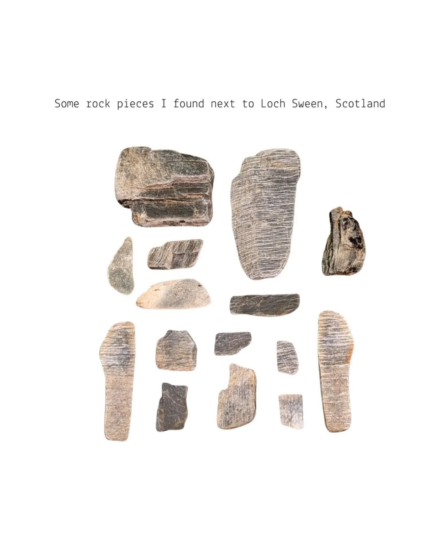 Some rock pieces I found next to Loch Sween in Scotland when we were recording sounds at the Ambisconics residency, close to the Taynish Mill. Swipe for some frottage markings.

I'm still having a 'phase' with textures and markings from natural mater