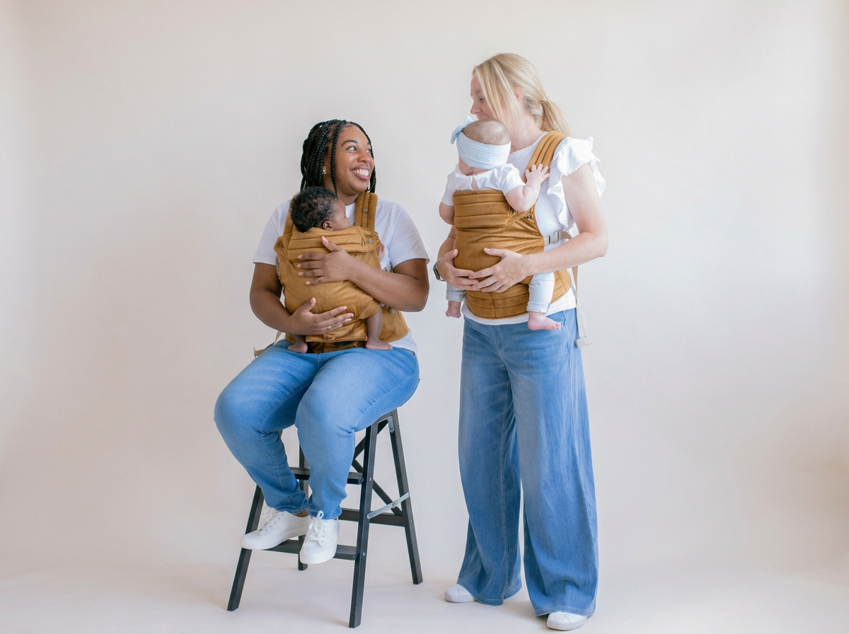 Two women holding babies in front of a plain background, smiling at each other. One woman is seated on a stool, and the other is standing. Both women are wearing baby carriers and casual clothing.