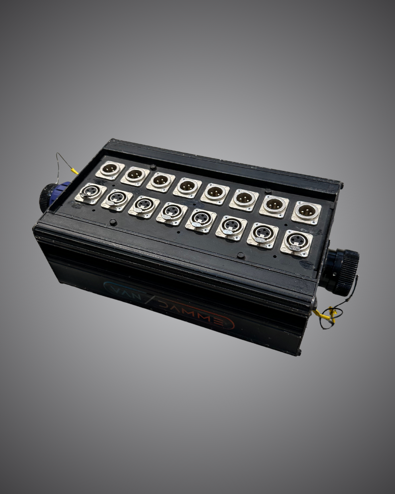 Technical hire from EC Hire, 8-way VEAM to XLR male and female thru stage box hire, Event Concept audio multicore breakout for event production