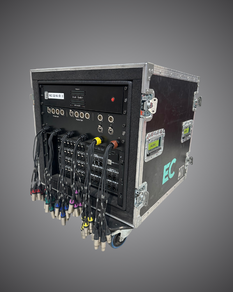Technical hire from EC Hire, Yamaha Rio3224-D I/O rack hire, patchable hybrid Dante stagebox for Event Concept live sound and event production