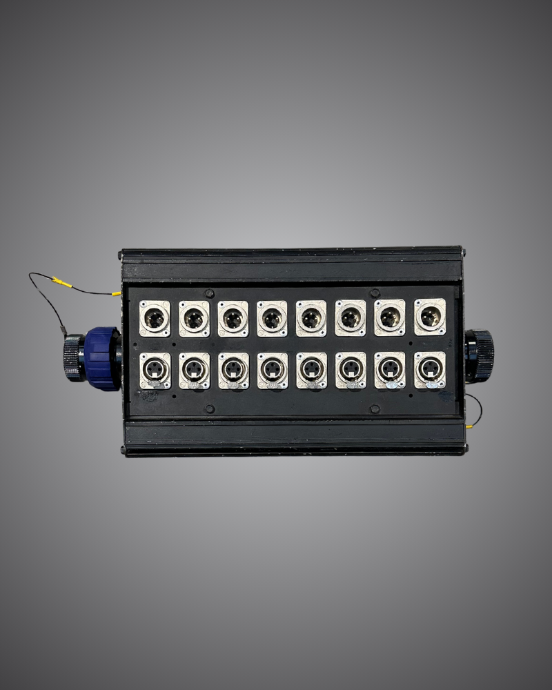 Technical hire from EC Hire, 8-way VEAM to XLR male and female thru stage box hire, Event Concept audio multicore breakout for event production