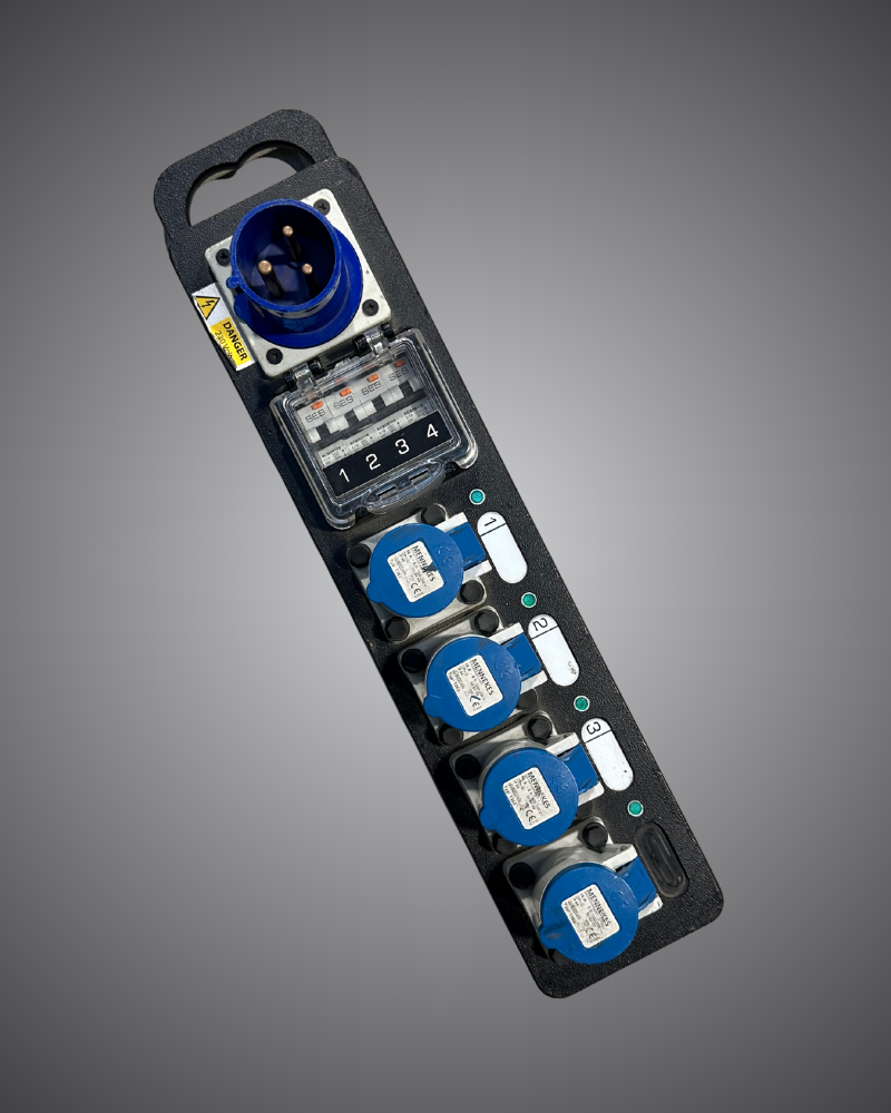 Event Concept technical hire, 32A 1Ø to 4x 16A power distro hire, EC Hire power distribution for lighting and AV systems