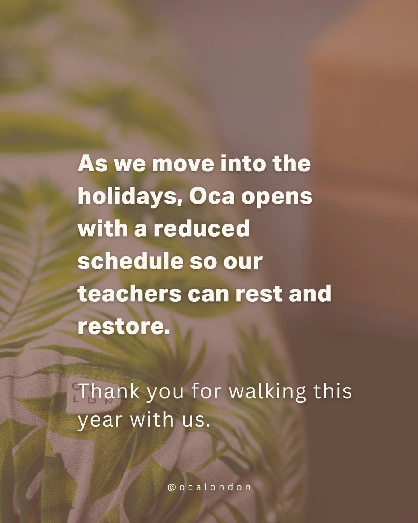 As the year softens, so do we 🤍
Oca moves into a slower rhythm over the holidays, giving our teachers space to rest and restore.
Thank you for walking this year with us.

.
.
.
#OcaLondon #Bermondsey #SE1Community #LondonYoga #LocalWellness #peopleo