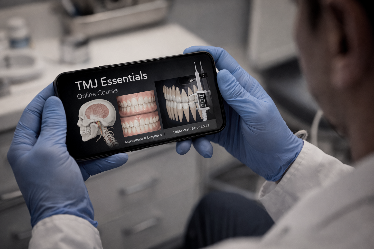 Dentist studying TMJ signs and symptoms illustration for TMJ Essentials online course