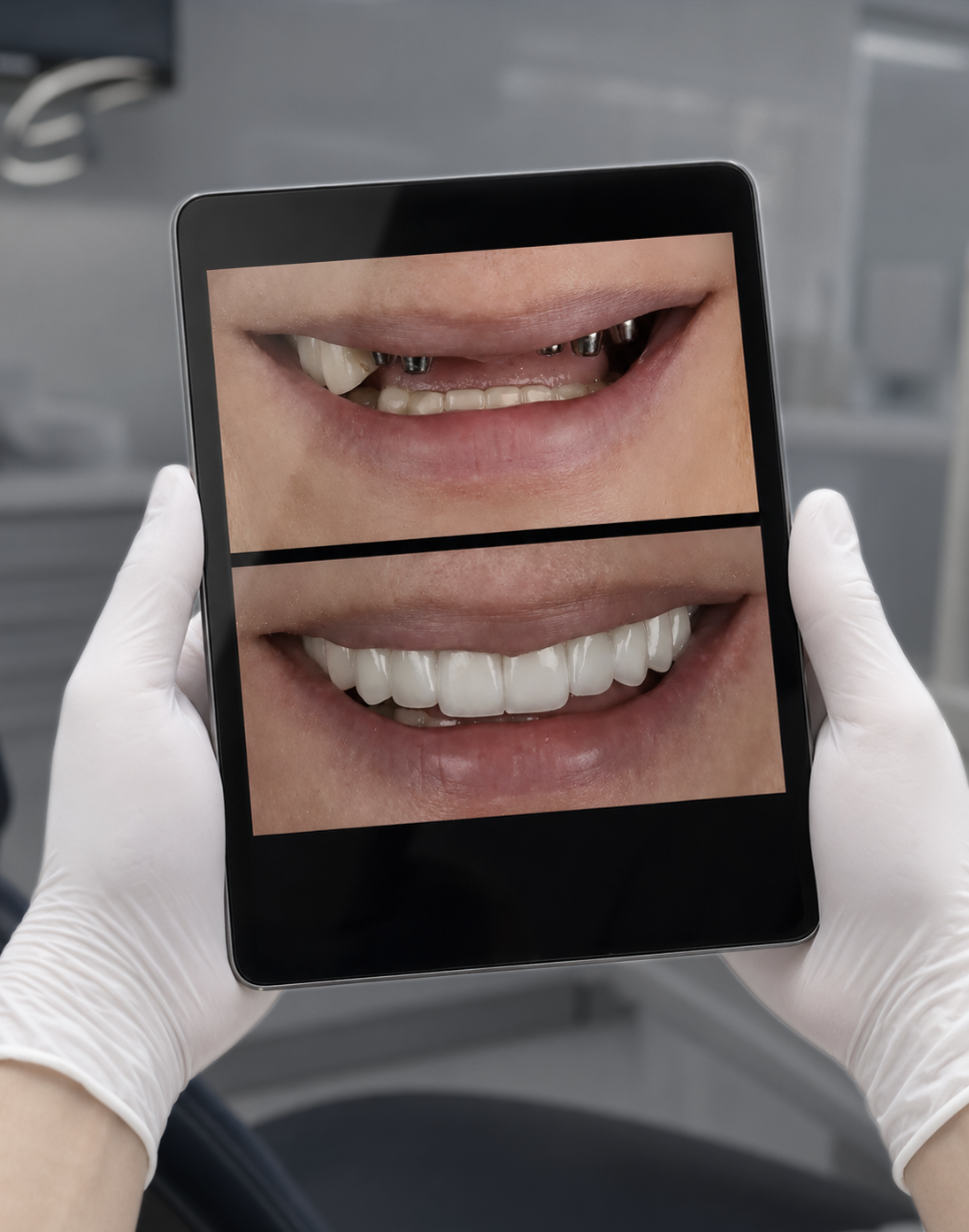 Dentist holding a tablet showing a before-and-after dental implant restoration case.