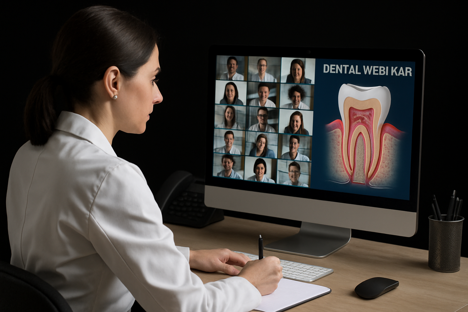 A woman in a white coat taking notes while participating in a virtual dental consultation on a computer screen, which shows a diagram of a tooth and multiple people in video call.