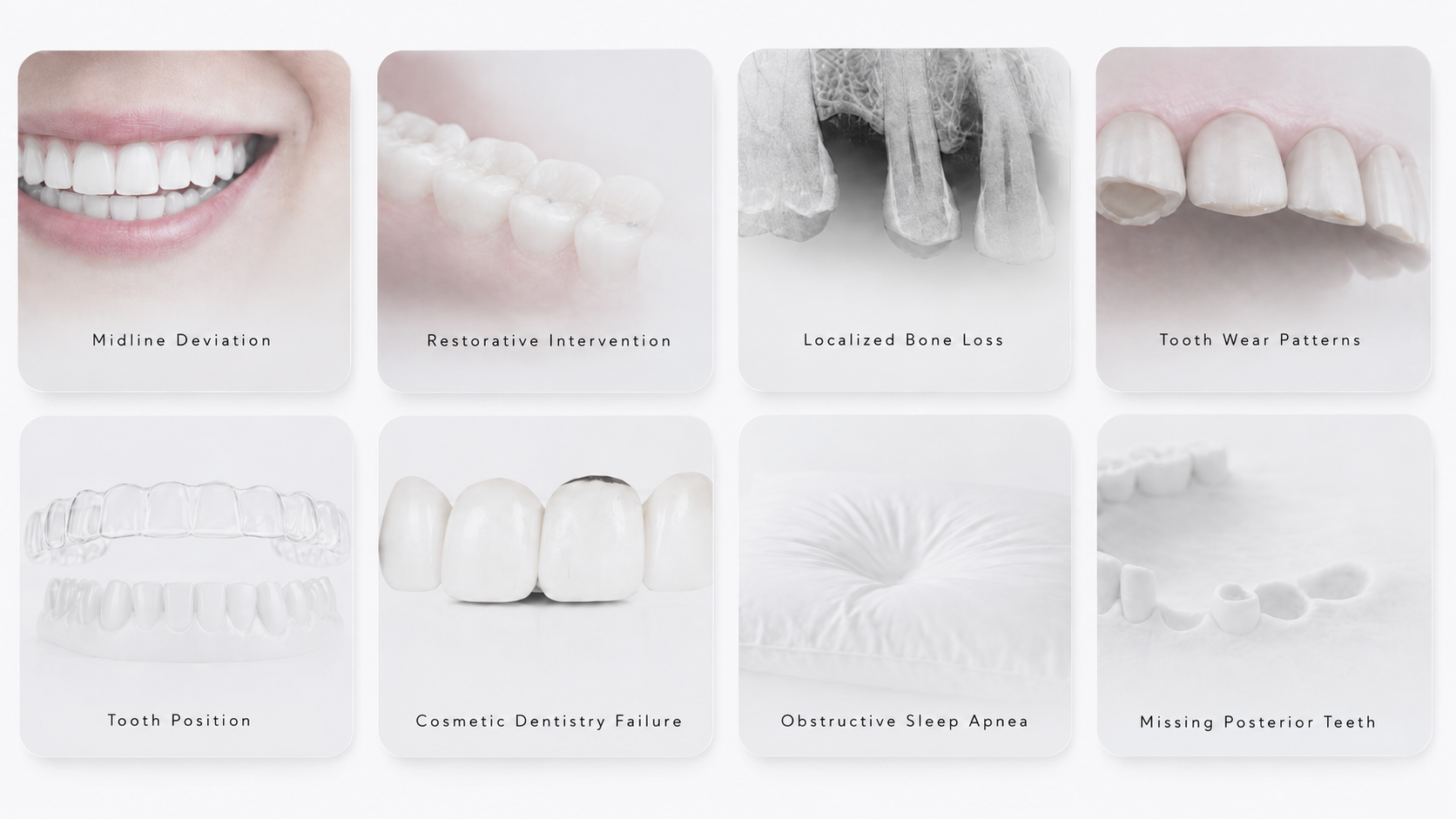 The Clinical Lens eight lessons for general dentists: midline deviation, restorative intervention, localized bone loss, tooth wear patterns, tooth position, cosmetic dentistry failure, obstructive sleep apnea, and missing posterior teeth.