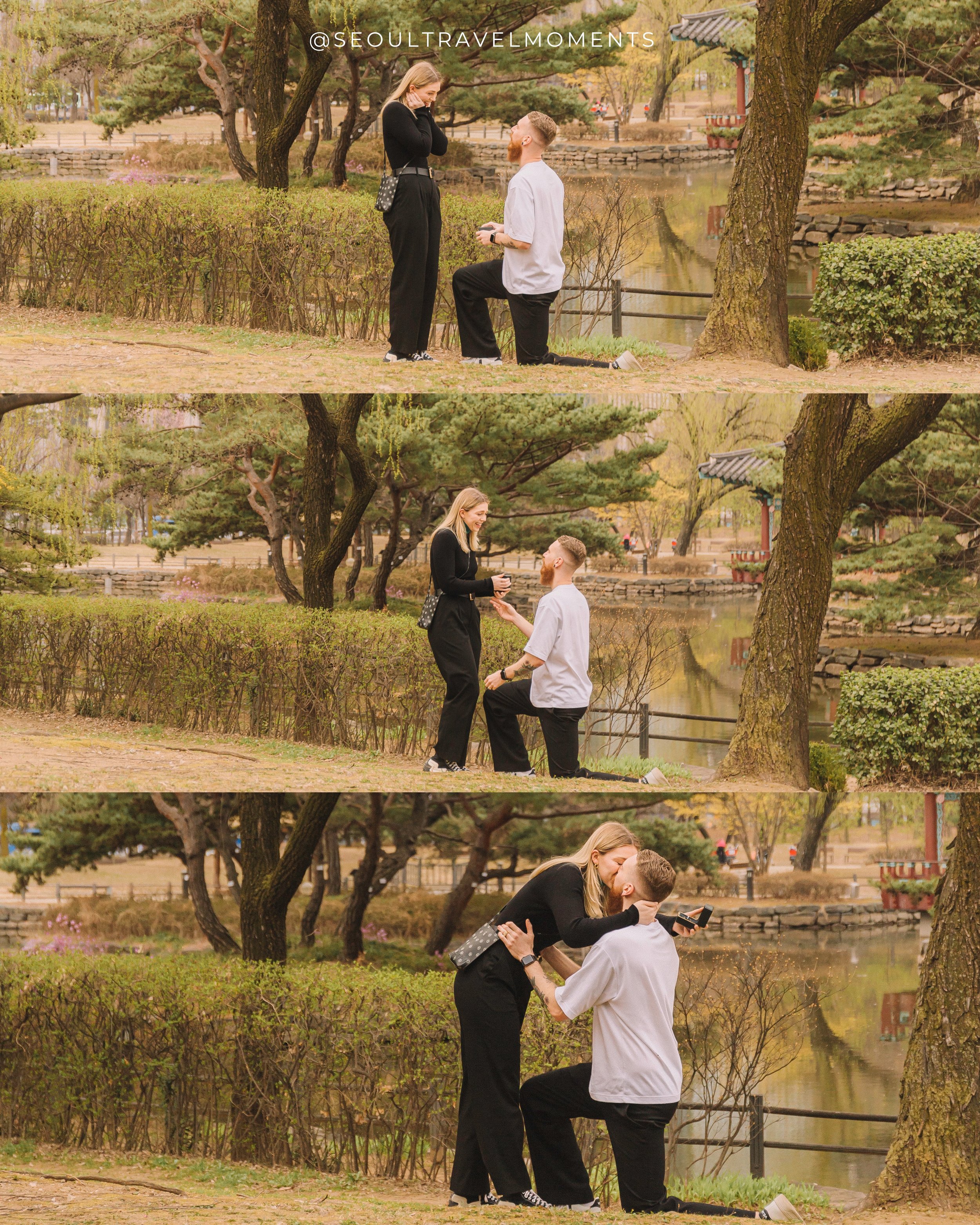 Proposal photography at Yeouido Park in Seoul, capturing a couple during a relaxed engagement moment surrounded by open green spaces.