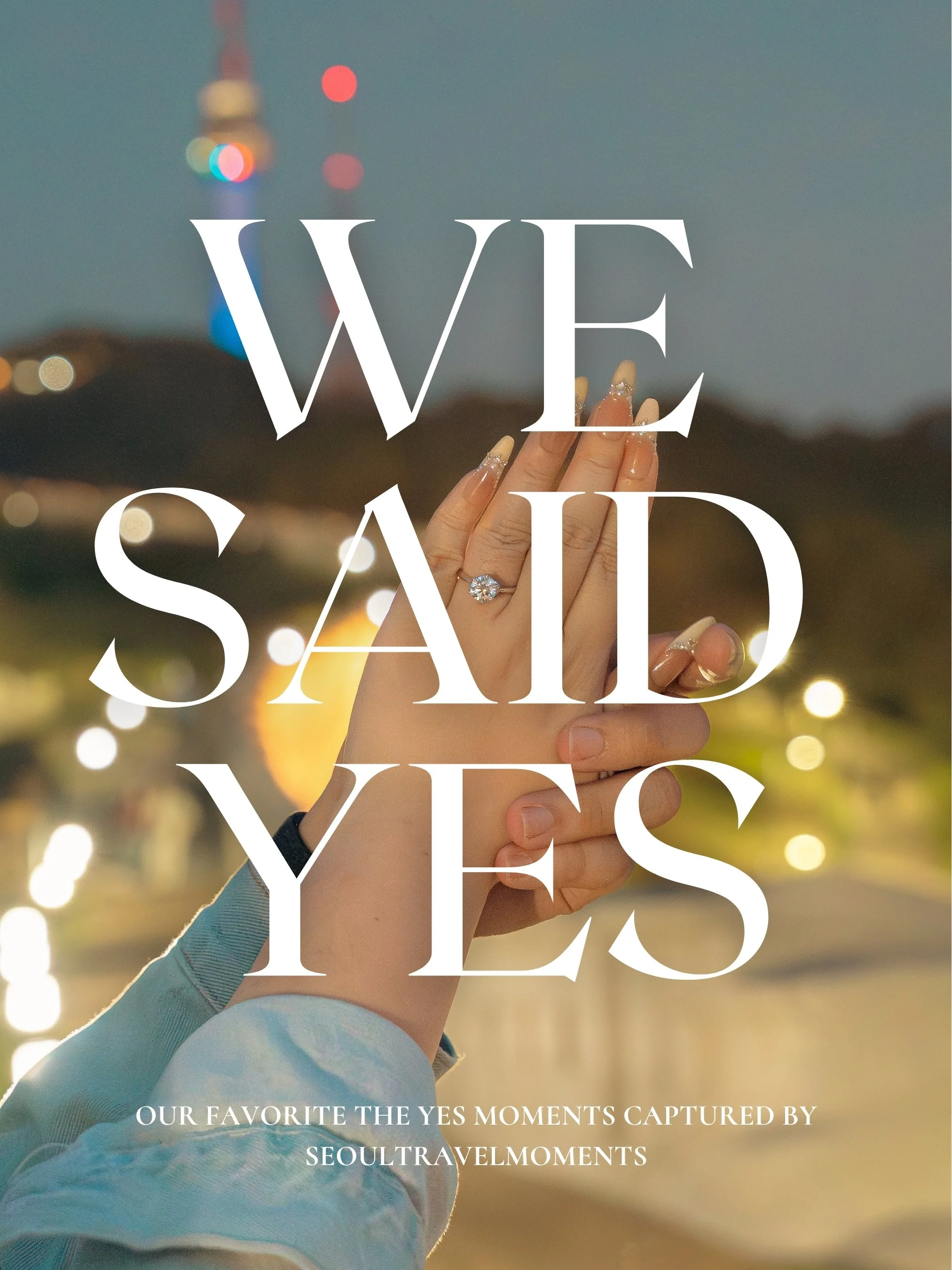 Engagement photography near Namsan Tower in Seoul, featuring a couple celebrating their proposal with iconic city views.