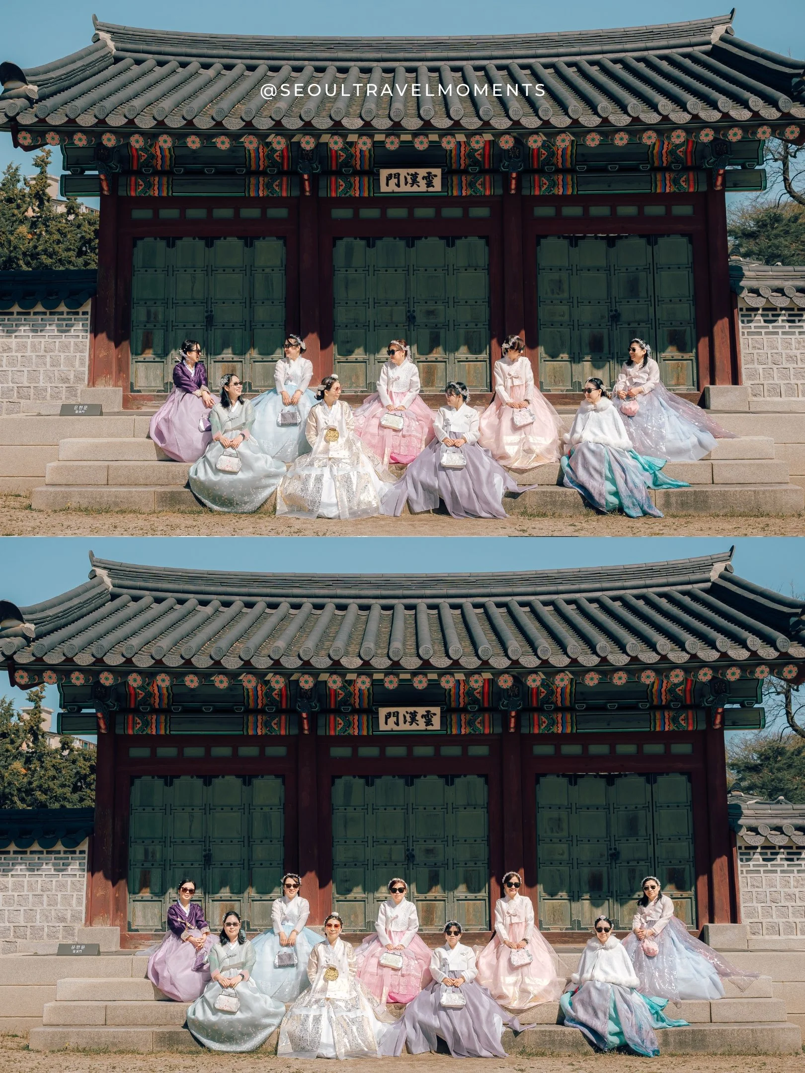 candid group of friends wearing hanbok during a seoul photoshoot