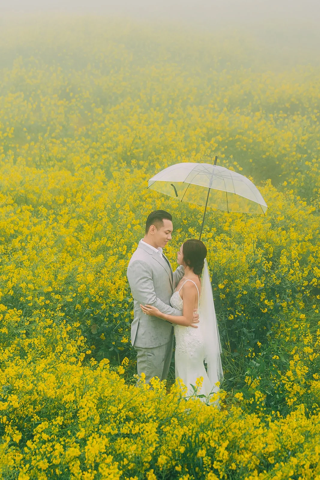 Portrait of a person standing waist-deep in yellow canola flowers near Jorangmal Horse Park Jeju Island during a spring photoshoot