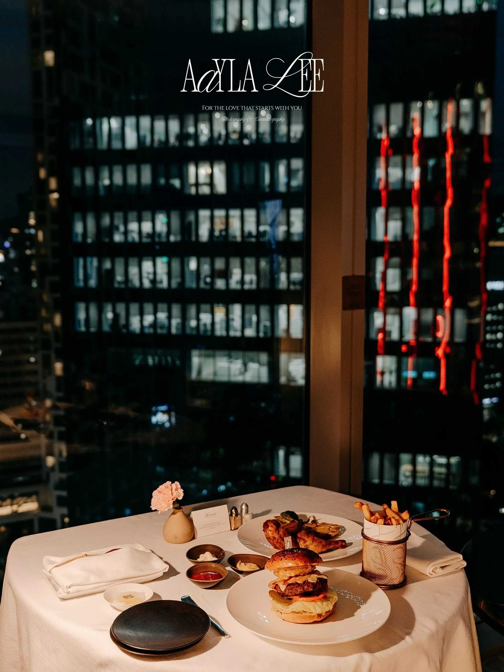 Hand dipping fries, late-night hotel dining photography by AaylaLee