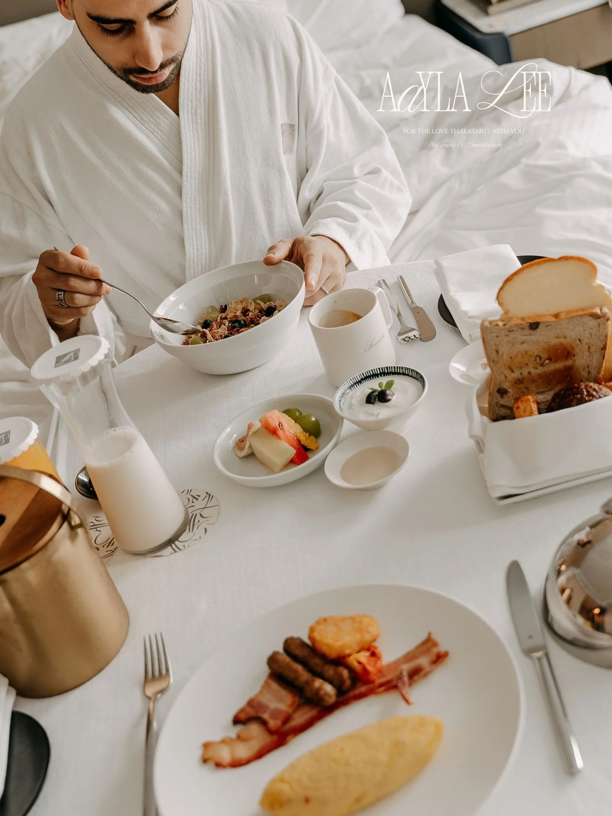 Room service breakfast tray styled by hotel photographer AaylaLee