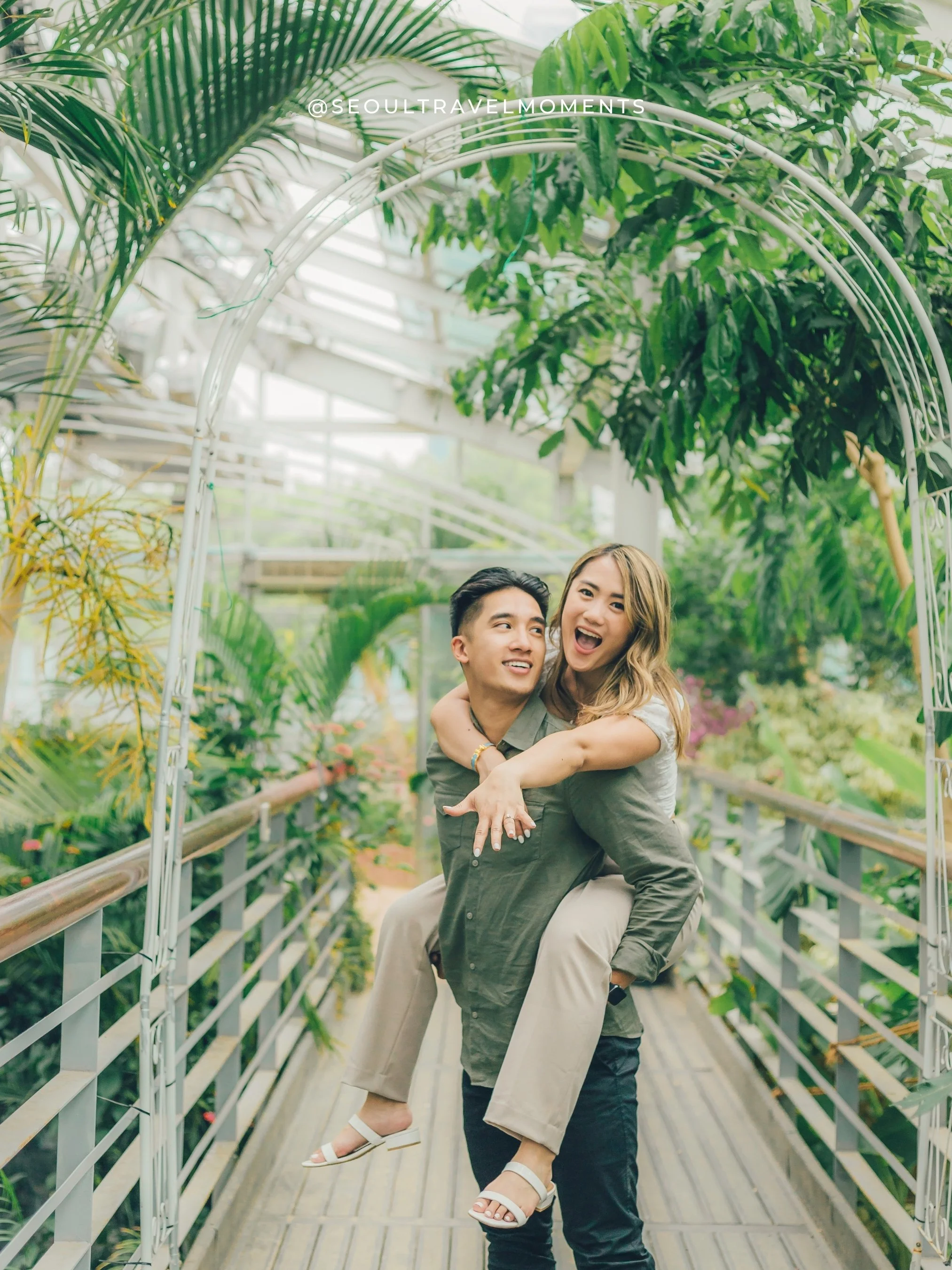 Engagement photoshoot at Seoul Forest Park in Seoul, featuring a couple celebrating their proposal in a peaceful natural setting.