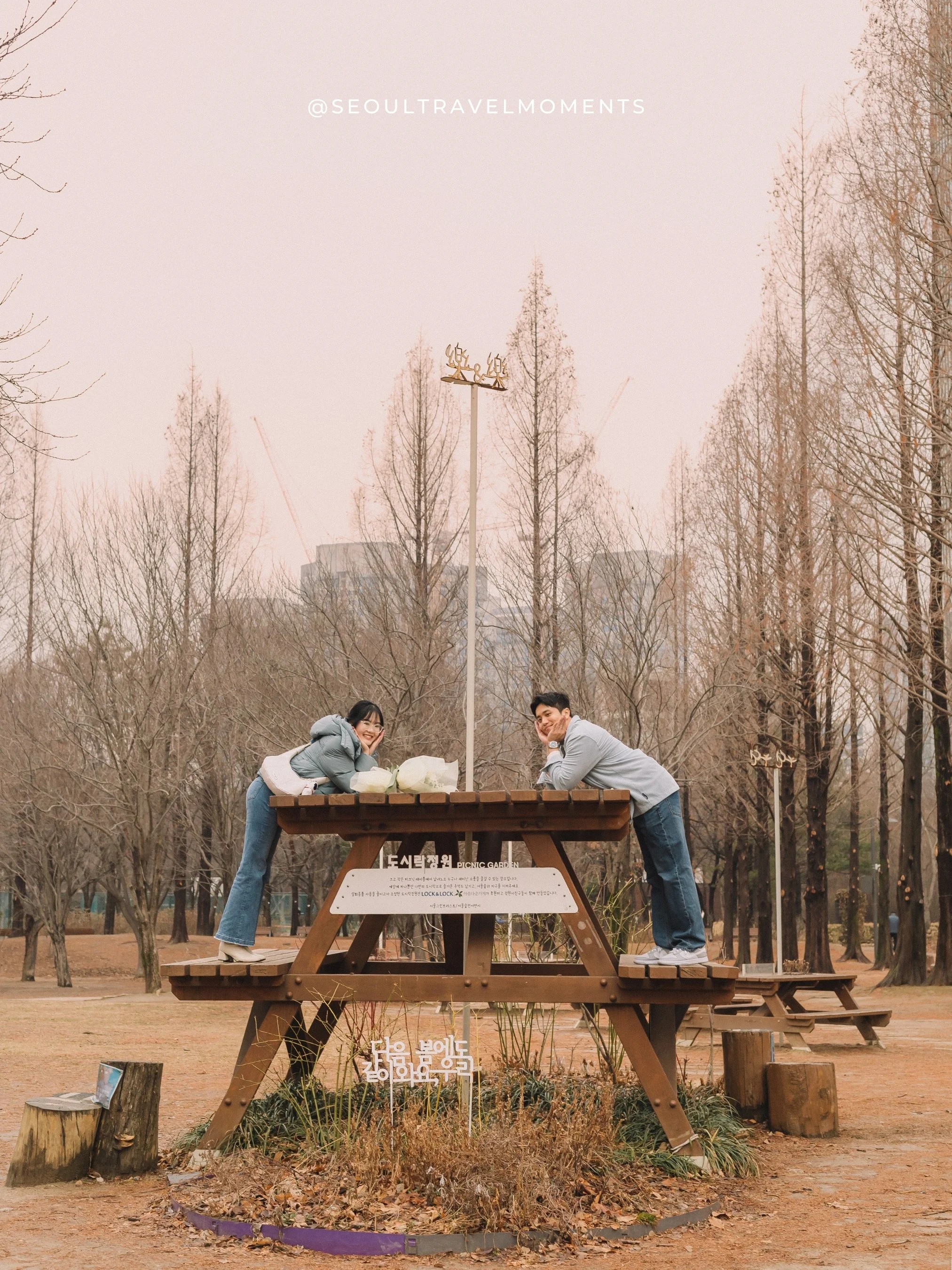 Lifestyle engagement photography at Seoul Forest Park in Seoul, capturing a couple sharing a quiet proposal moment outdoors.