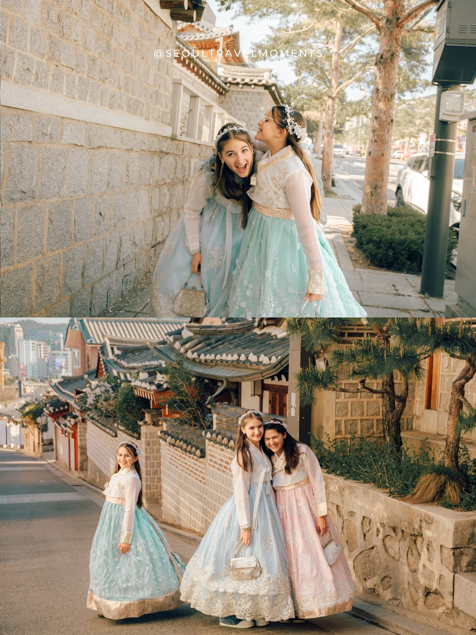 Candid interaction between a mother and her children during a Bukchon photoshoot