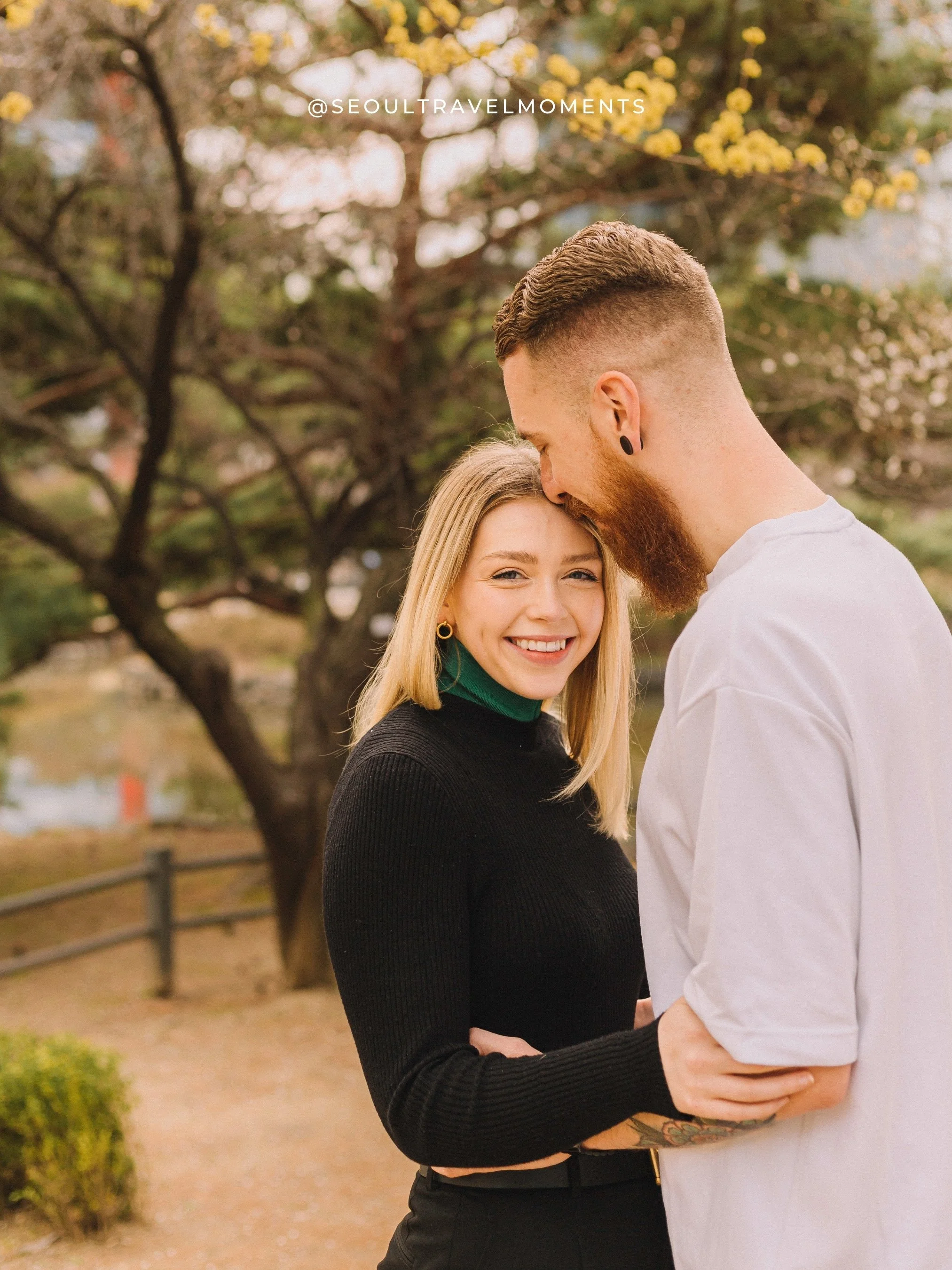 Engagement photoshoot at Yeouido Park in Seoul, documenting a couple celebrating their proposal in a calm riverside park setting.