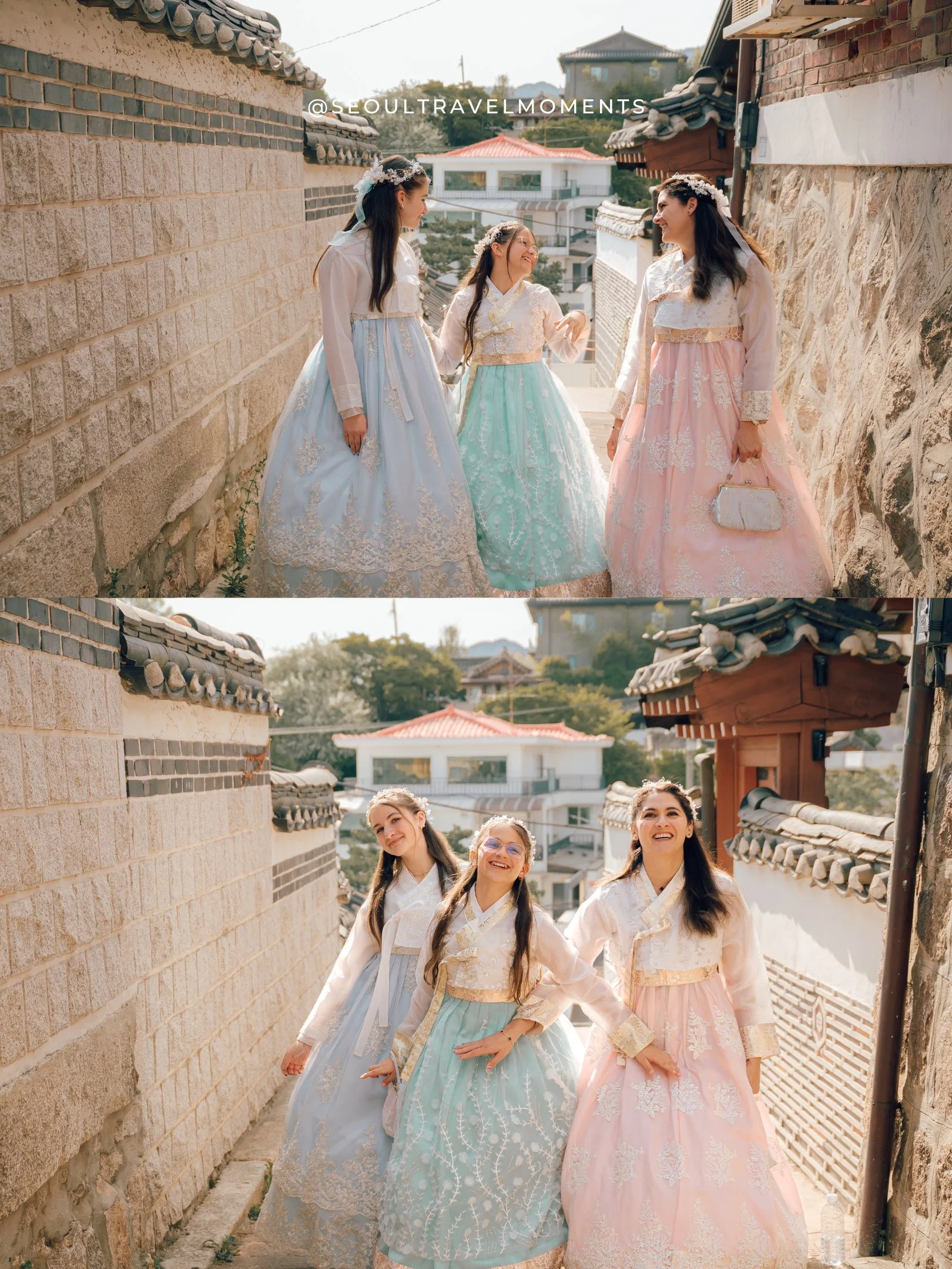 Mother and daughters laughing together during a hanbok photoshoot in Bukchon Hanok Village