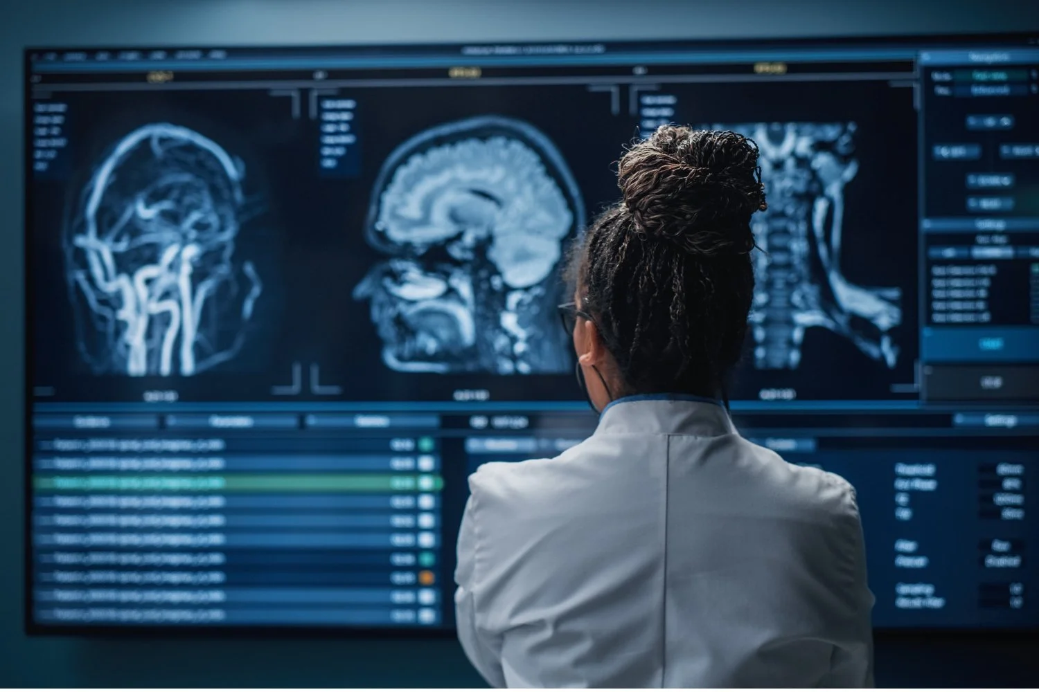 Forscherin steht vor einem Bildschrim auf dem das menschliche Hirn von verschiedenen Perspektiven abgebildet ist.