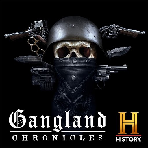 A skull wearing a military helmet and bandana, with crossed guns behind it, representing the show 'Gangland: Chronicles' on History Channel.