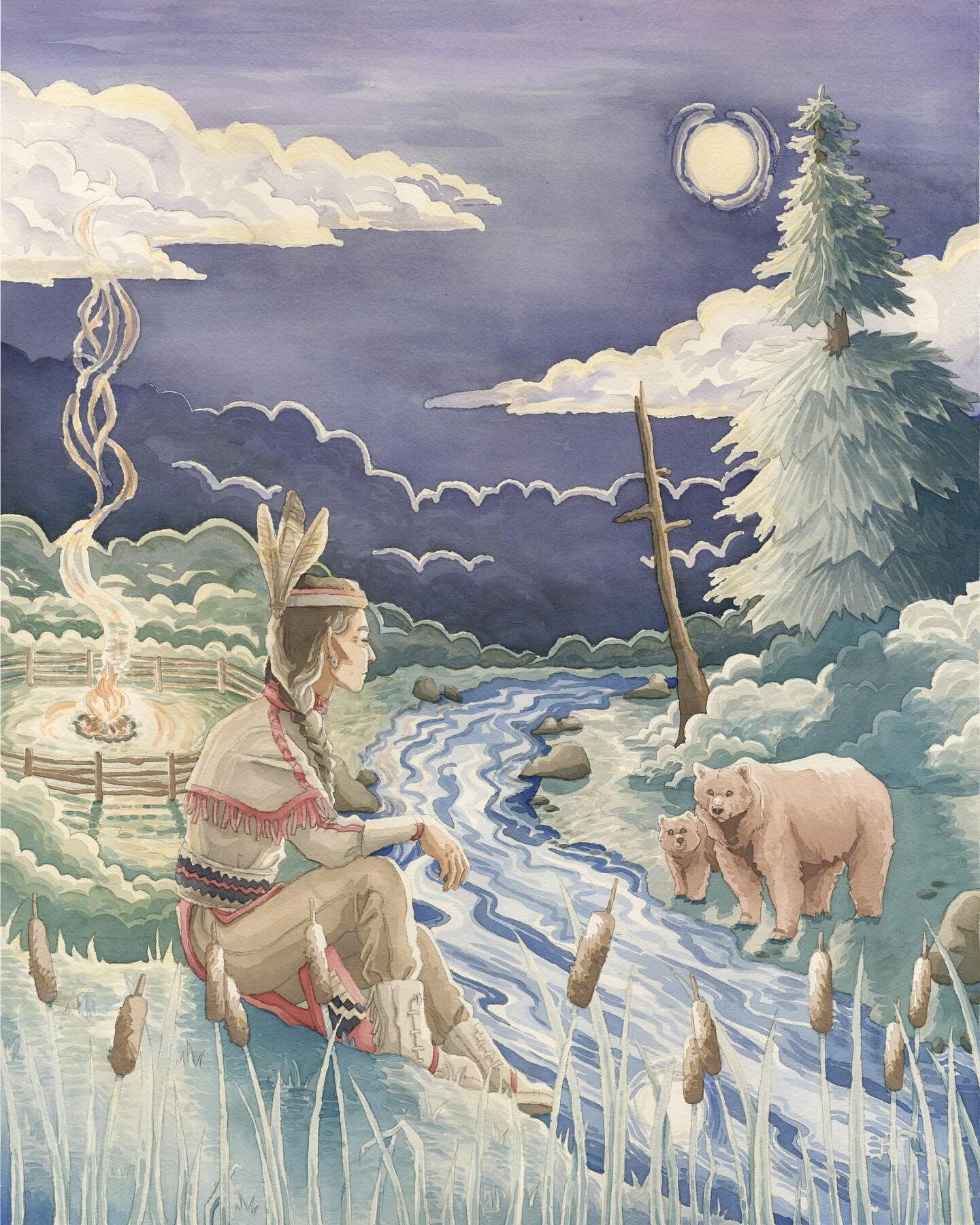 Senior Illustration Thesis Piece: Bear Mother! 🐻🌲🌕
1813: Western Expansion (Watercolor painting 4 of 4!)
16x20 inches
In modern day Colorado, a man of the Ute Tribe has a moment of reflection on the times. Every year, the Ute Tribe holds a yearly 