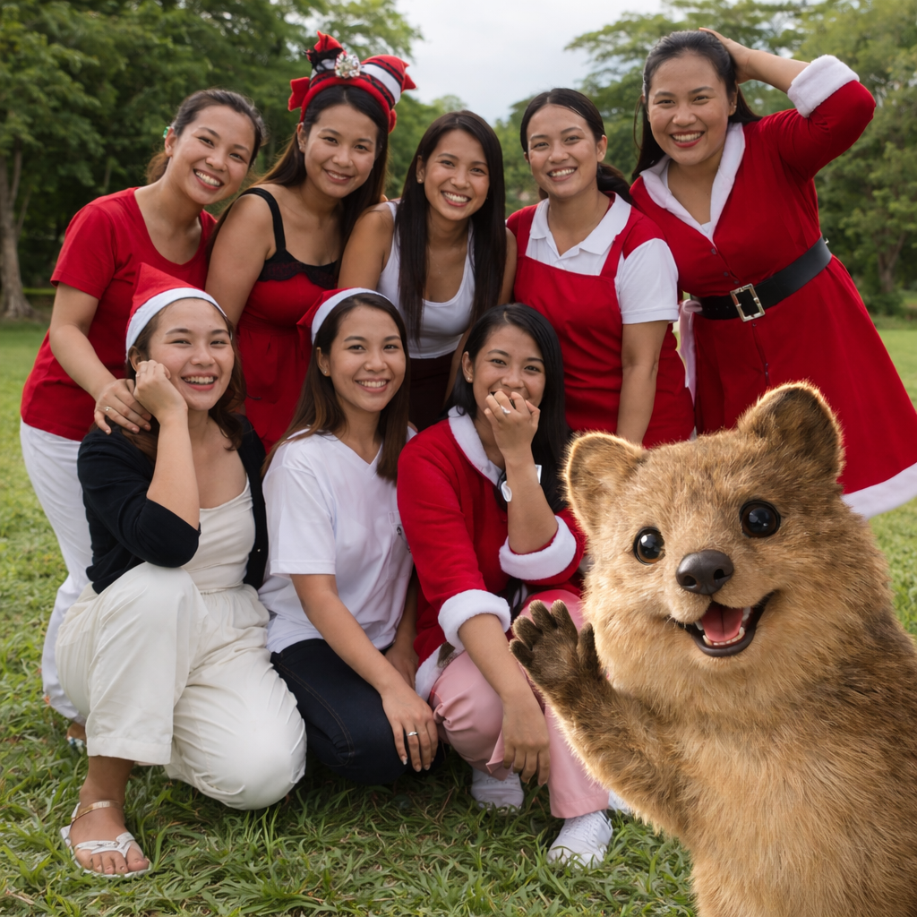 Ten women are gathered outdoors on a grassy field, smiling and dressed in festive red, white, and black clothing with some wearing Christmas hats or accessories. One woman is dressed as Mrs. Claus, and a person in a bear costume is in front of them waving.