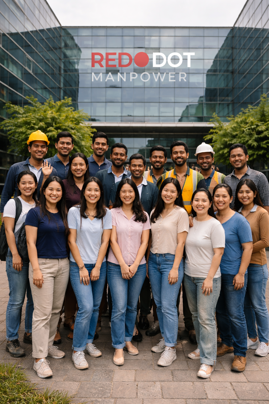 Group of diverse professionals standing outside office building with a sign that reads 'Red Dot Manpower' in the background.