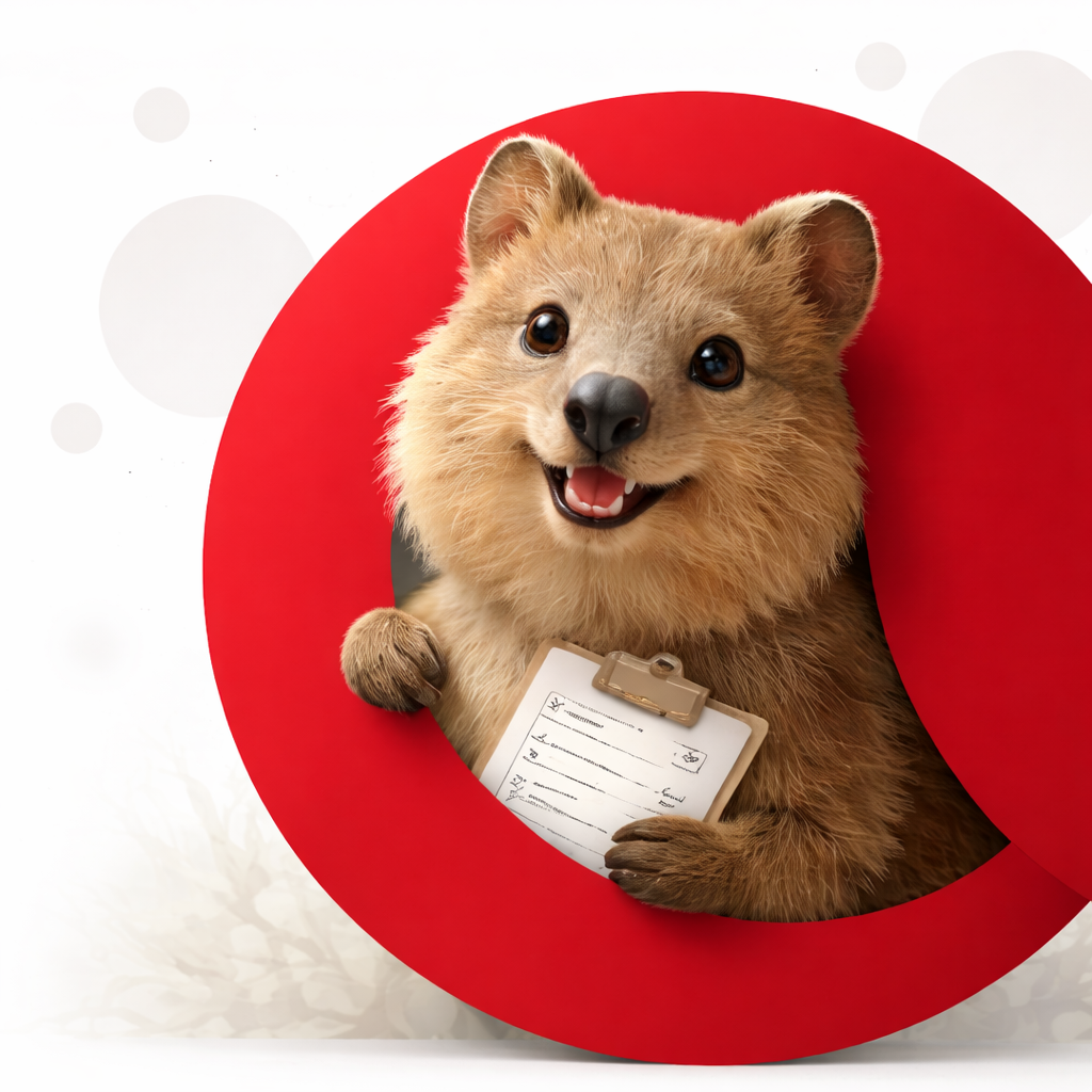 A cheerful otter holding a clipboard peeking out of a large red letter O.